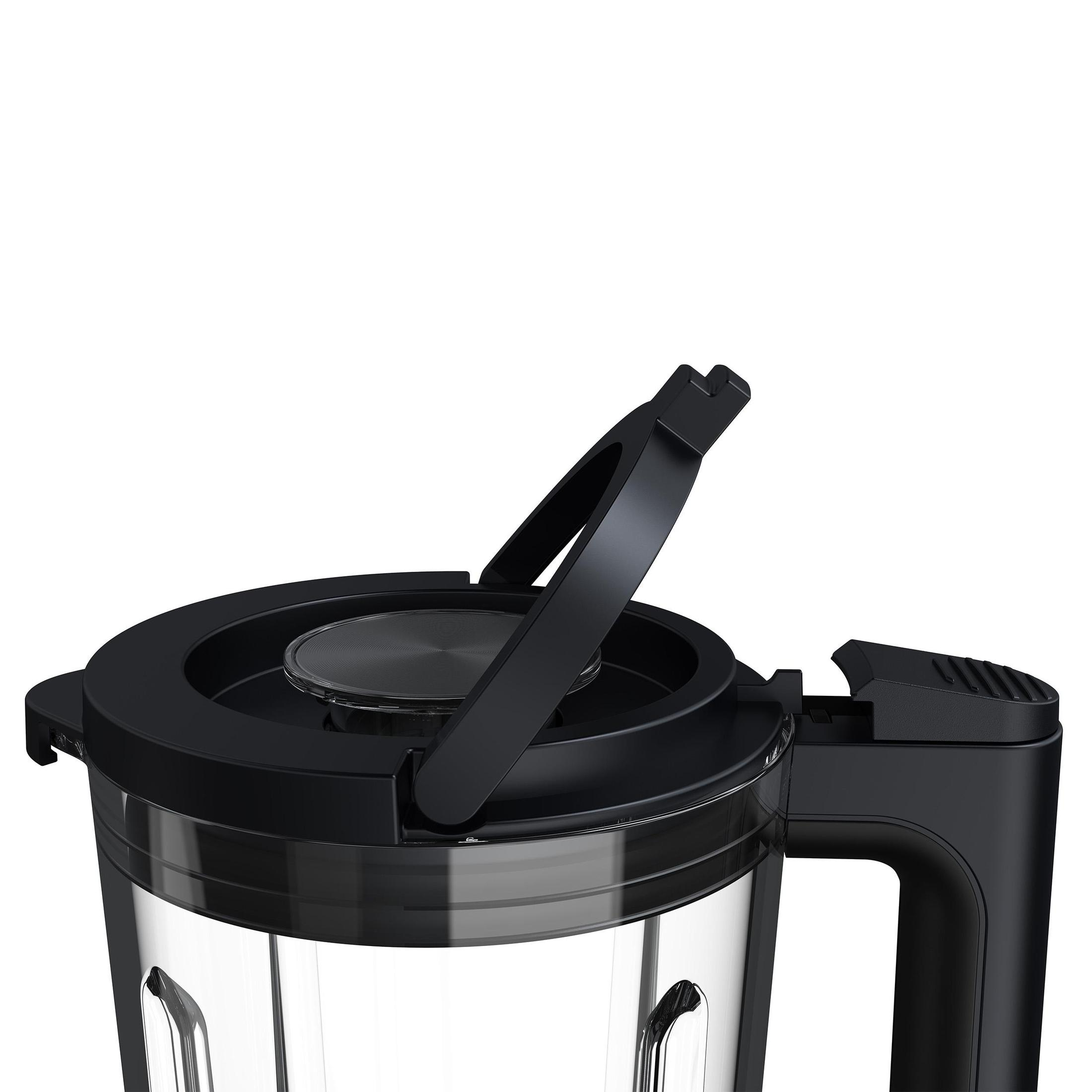 Czarna góra blendera z otwartą pokrywą. Przezroczysty pojemnik widoczny poniżej.