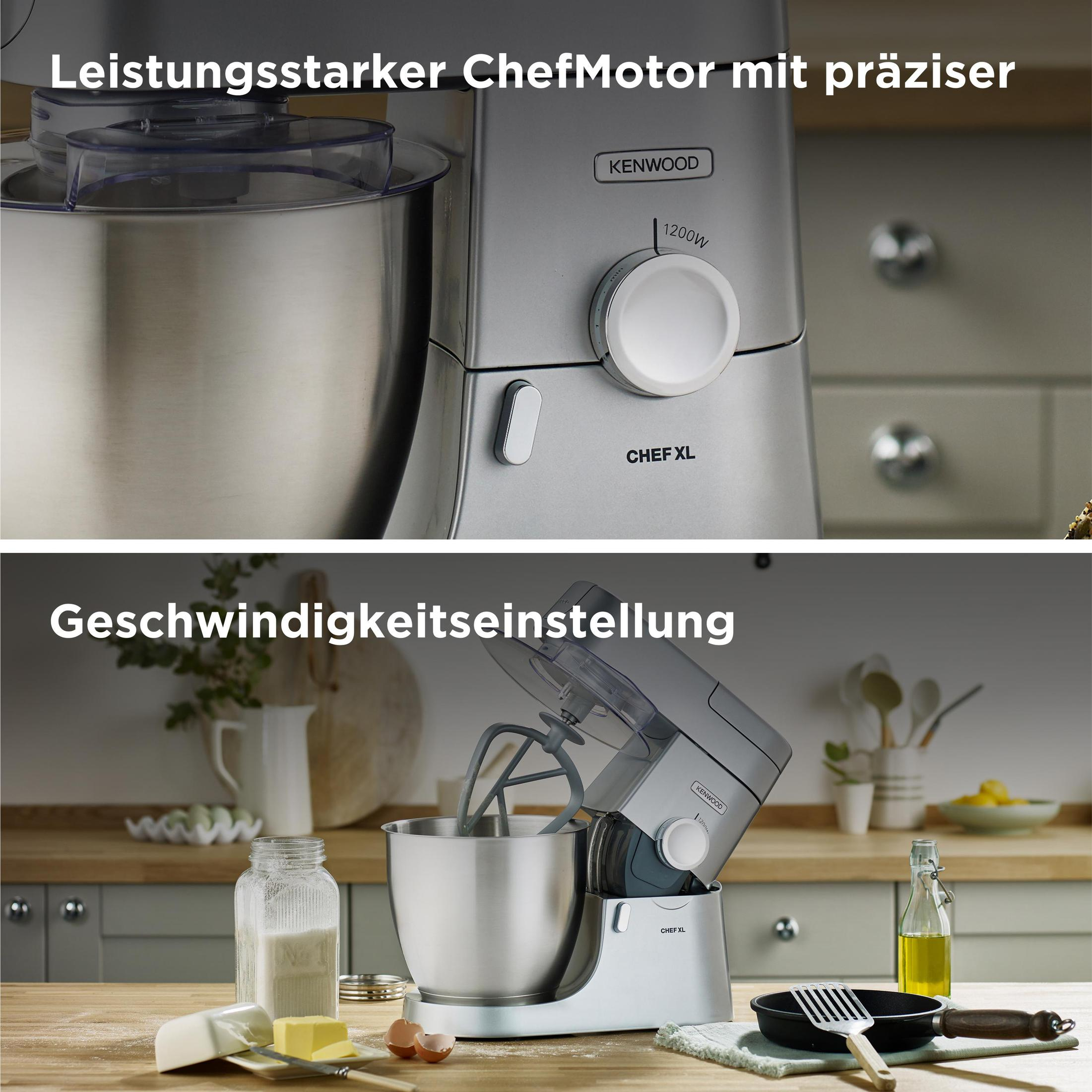 Küchengerät, Edelstahlmixer. Text oben und unten.
