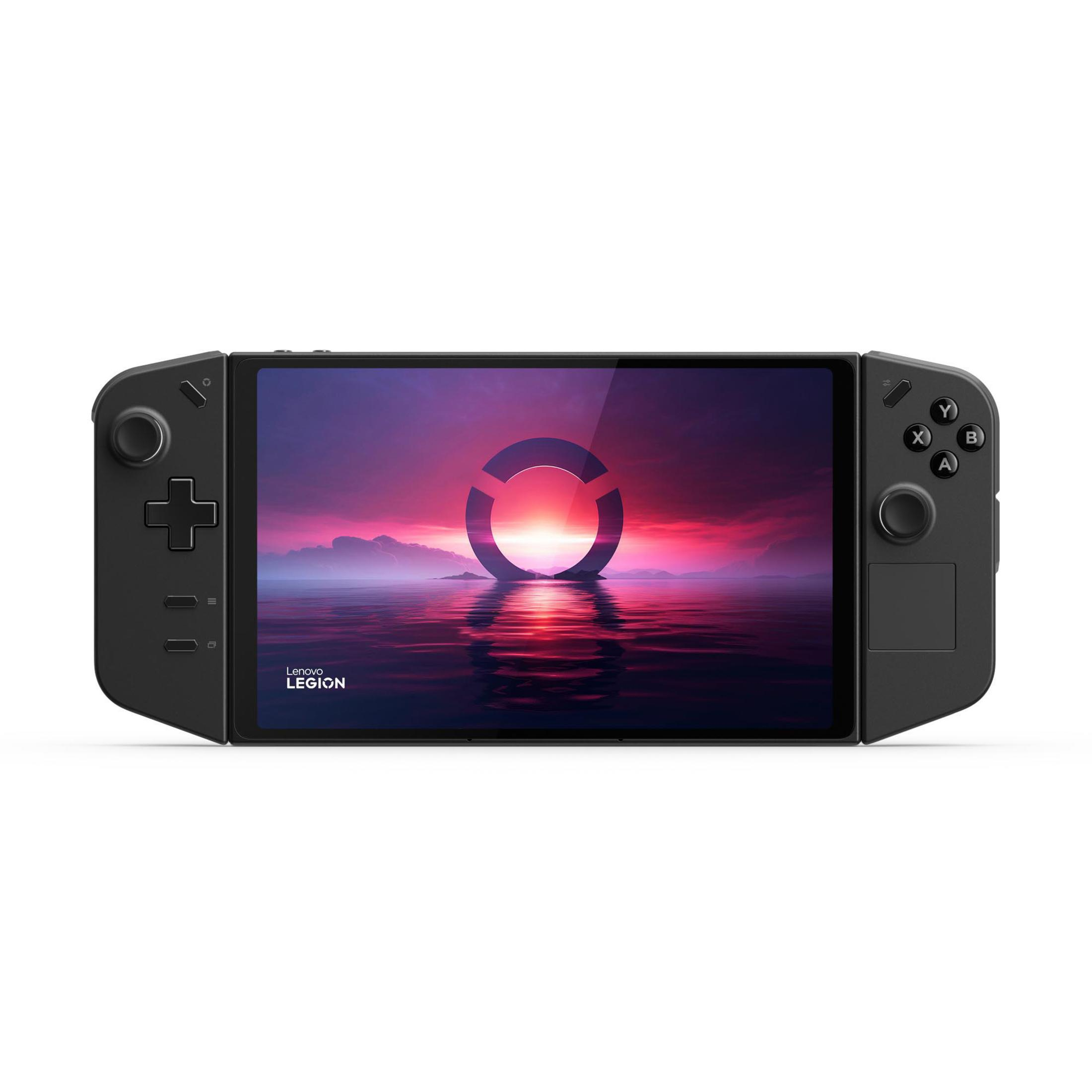 Console di gioco portatile nera con schermo che mostra un paesaggio viola.