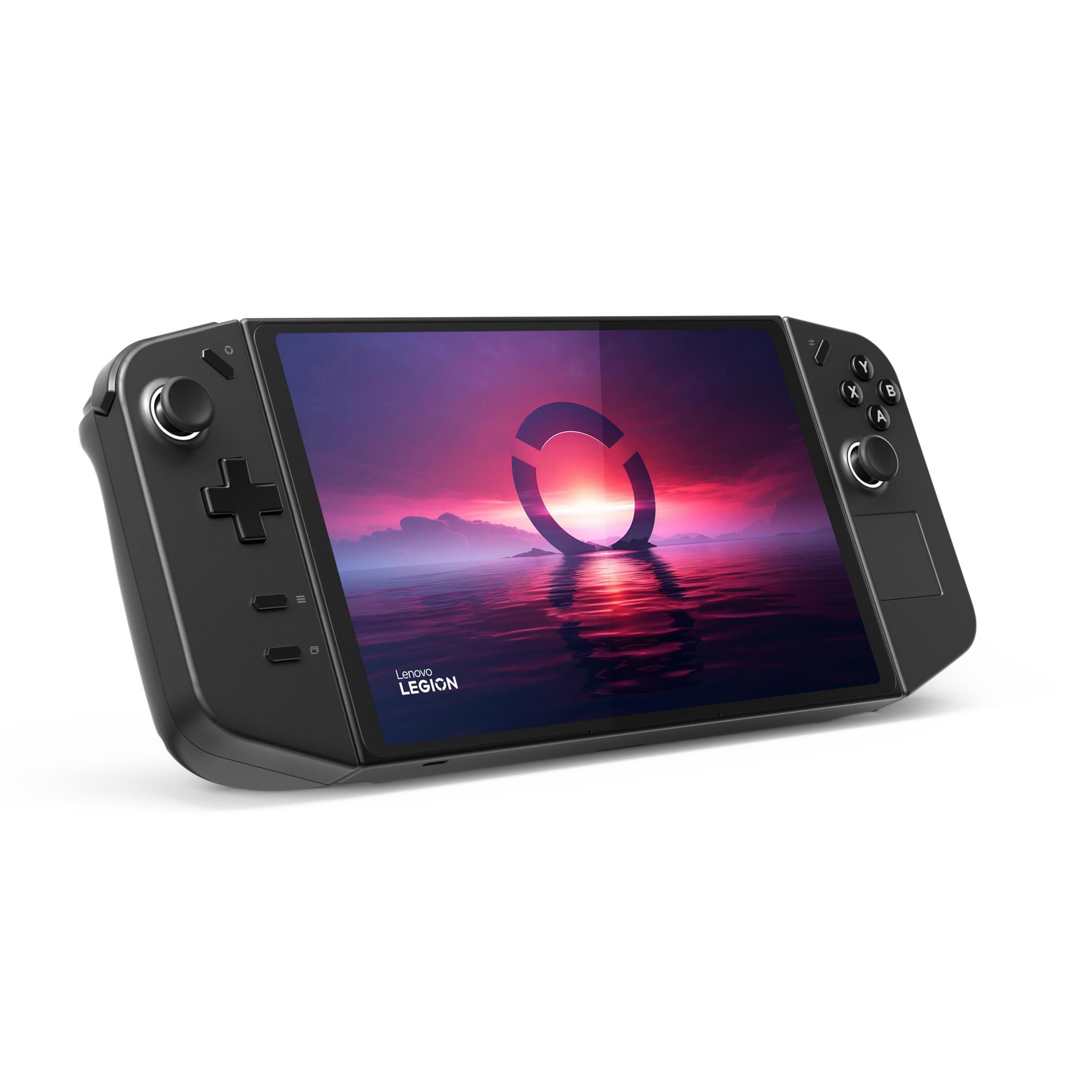 Console di gioco portatile nera. Ha un grande schermo e molti pulsanti.
