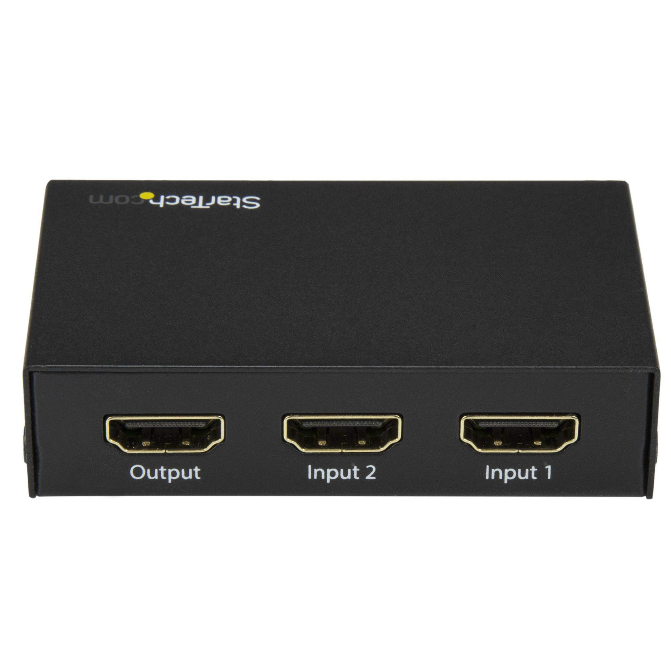 Boîtier de commutation HDMI Startech noir avec ports de sortie, entrée 1 et entrée 2 étiquetés.