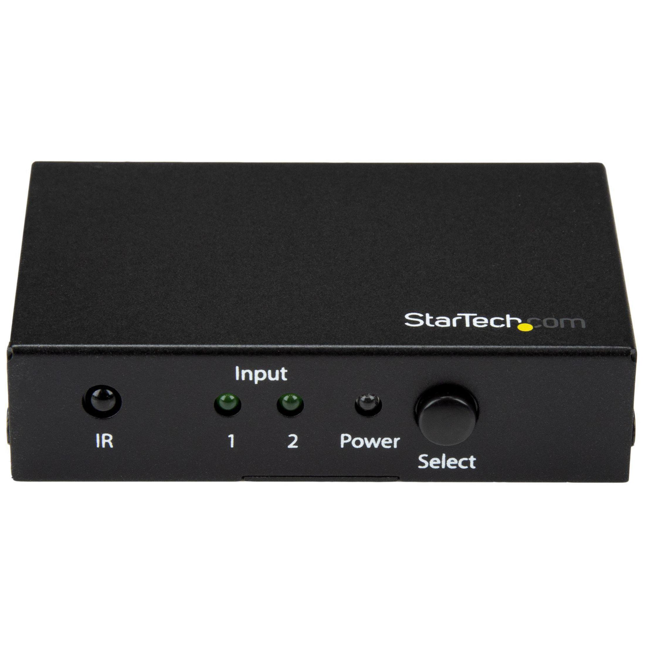 Appareil StarTech.com noir. Il possède un port IR, les entrées 1 et 2, un bouton d'alimentation et un cadran de sélection.