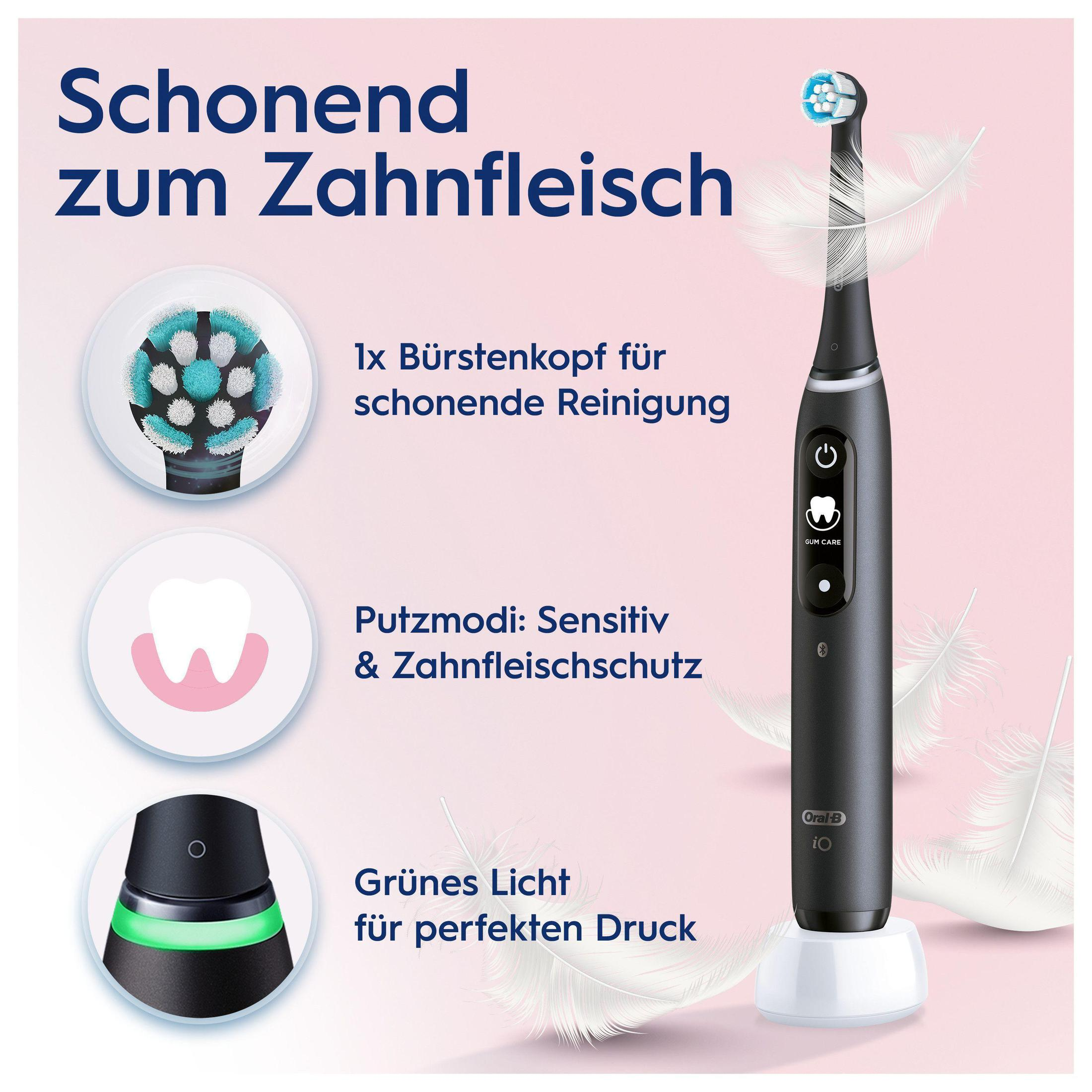 Schwarze elektrische Zahnbürste mit Bürstenkopf, Ladestation und Text. Weiße Federn sind darum.