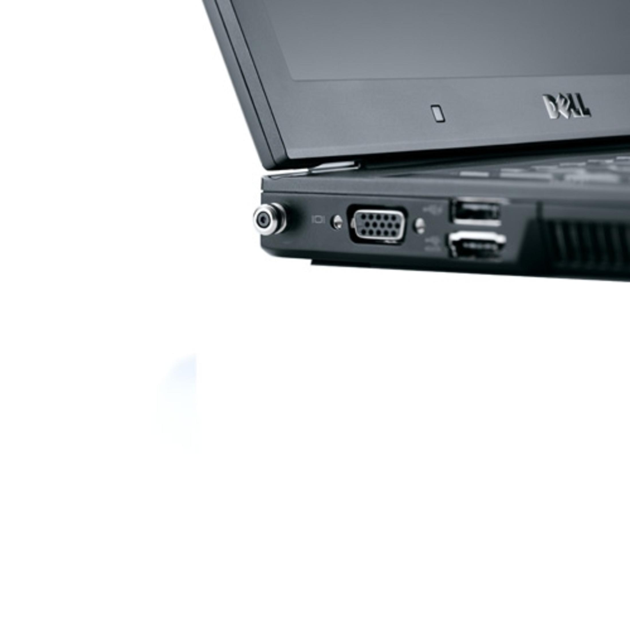 Lato del laptop con porte: VGA, USB e una porta rotonda. Il logo Dell è visibile.