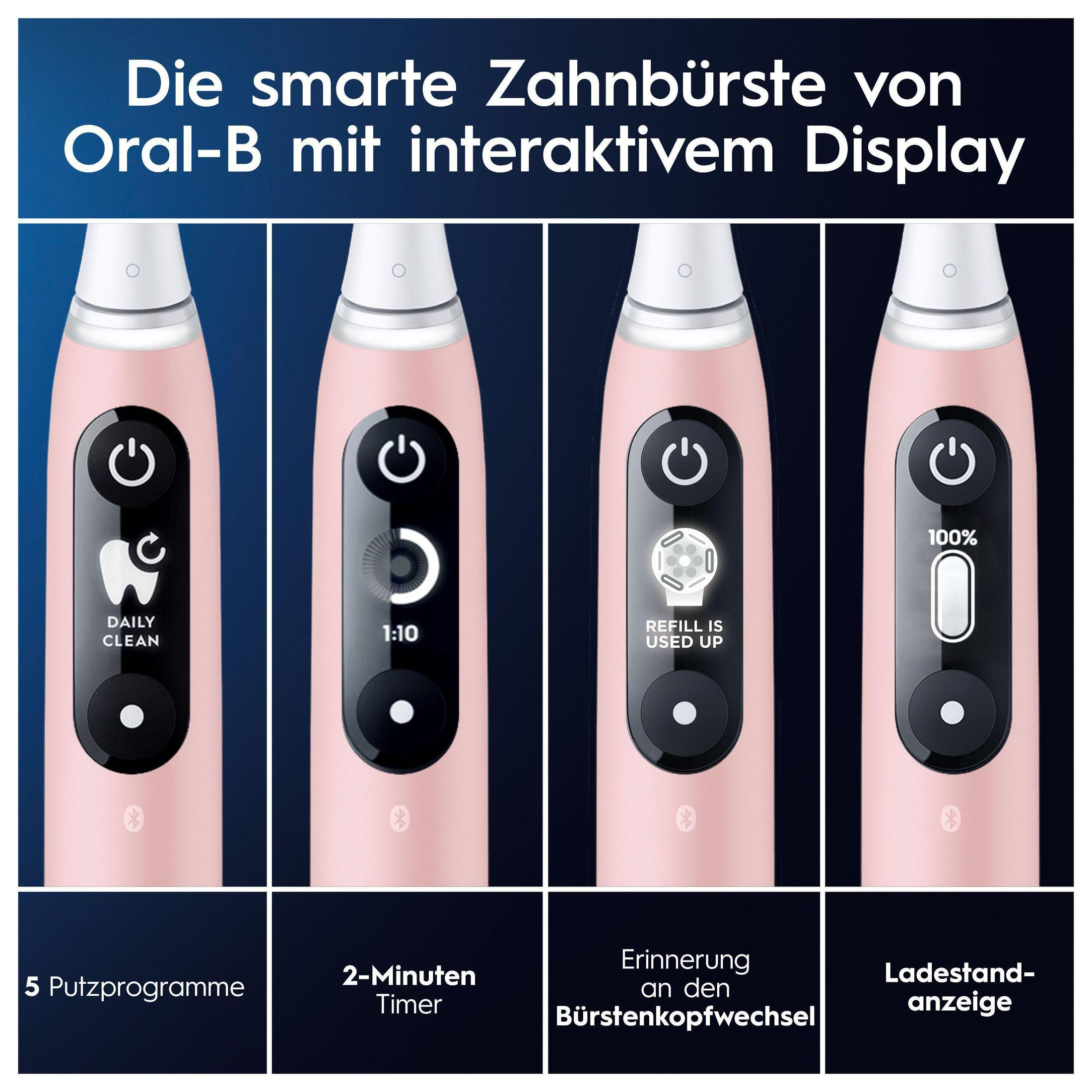 Vier rosa elektrische Zahnbürstenköpfe von Oral-B, die verschiedene Reinigungsmodi anzeigen.