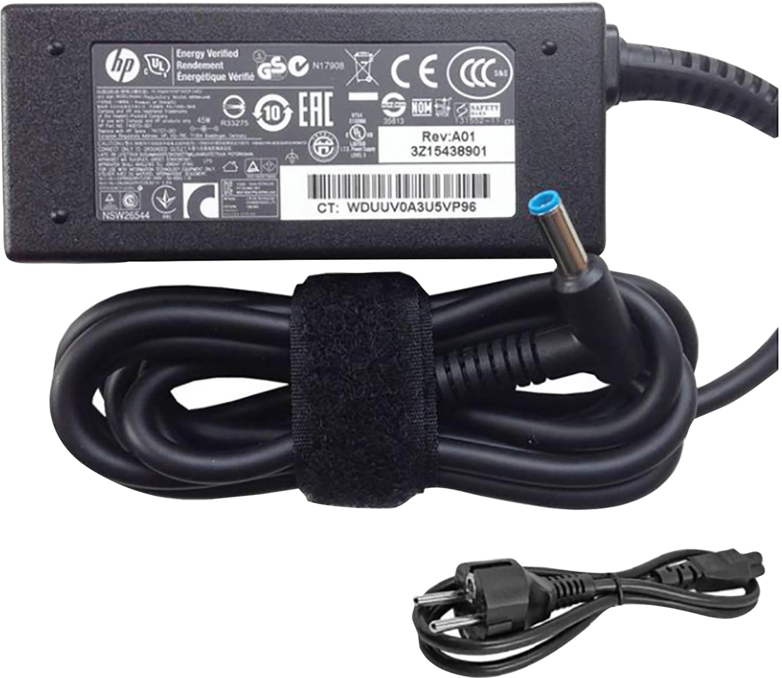Black HP power adapter with a black cord, a blue tip, and a black velcro strap to keep the cord together.