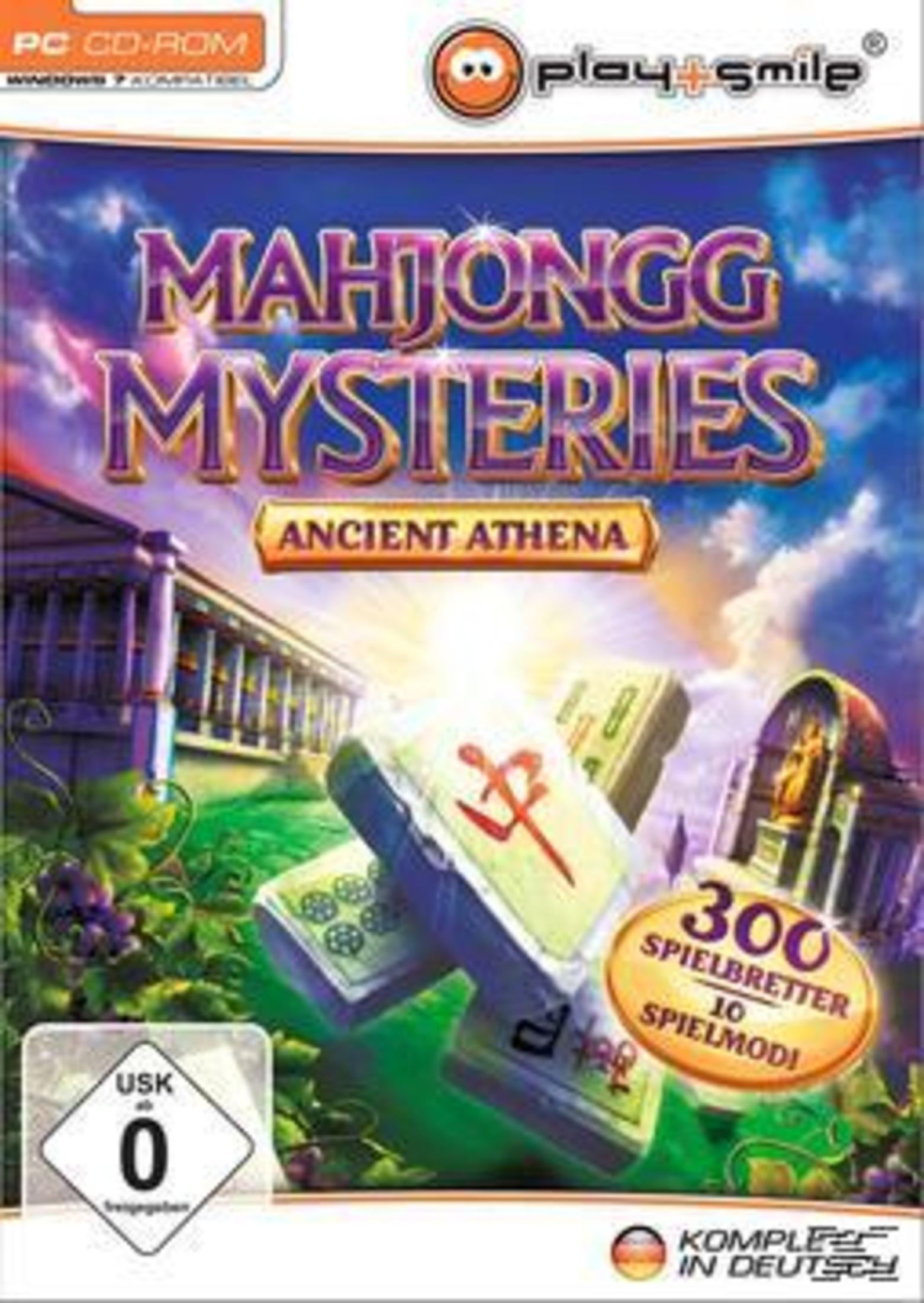 Mahjongg Mysteries Spielbox. Cover-Art mit Mahjong-Steinen und antikem griechischen Gebäude.