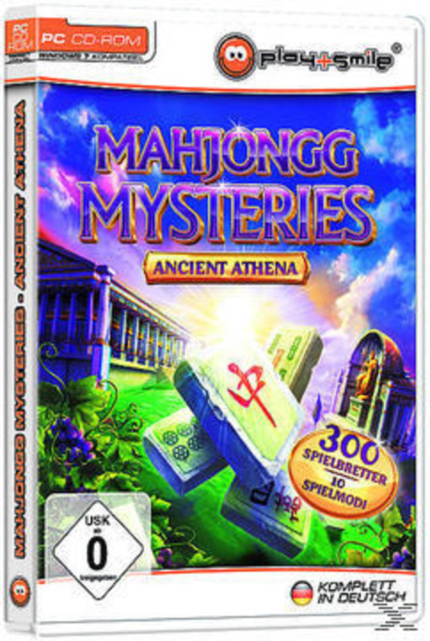 Spielbox-Art für 'Mahjongg Mysteries'. Es zeigt Mahjong-Steine und eine griechische Szene.