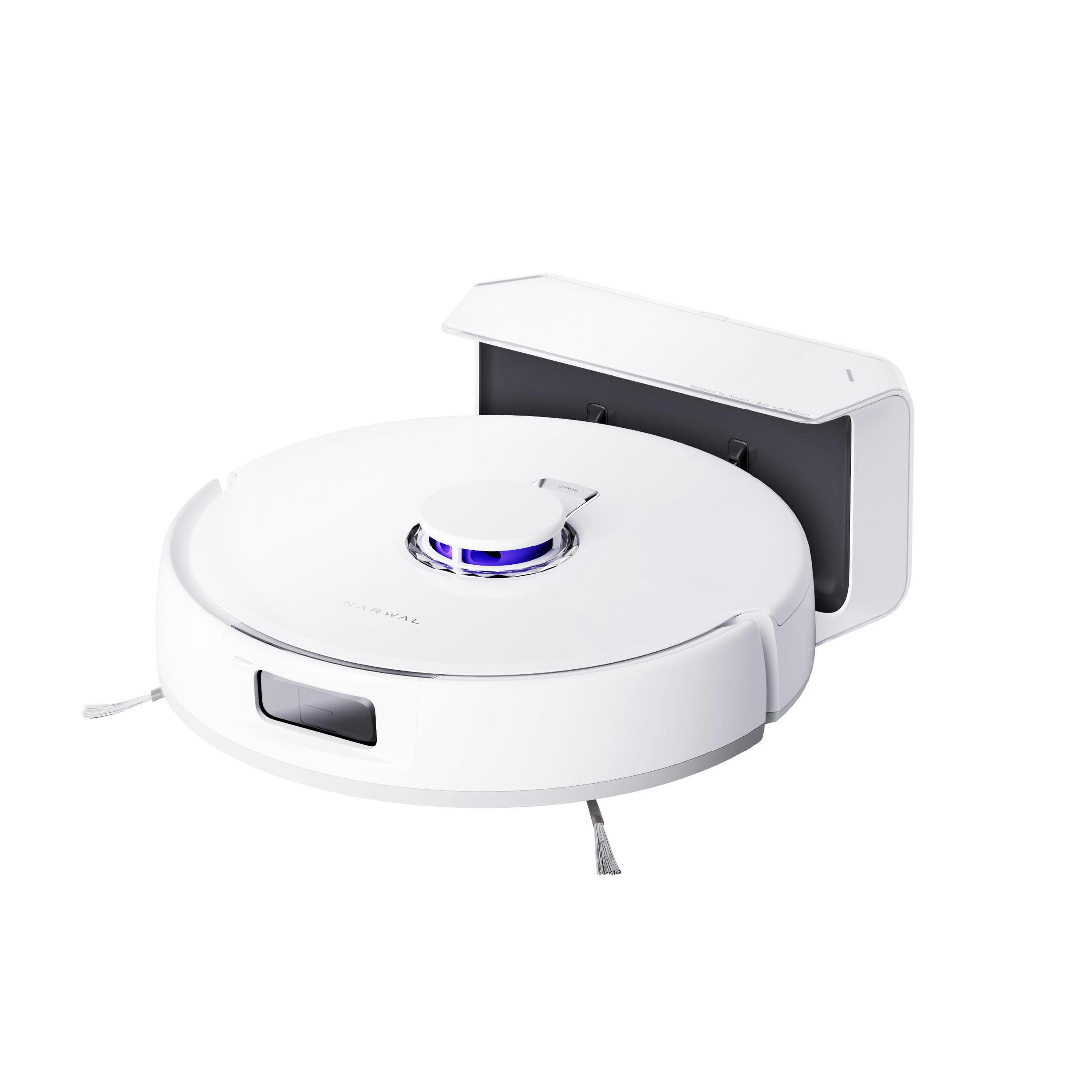 Aspirapolvere robot bianco con stazione di ricarica. Ha un design circolare e spazzole.
