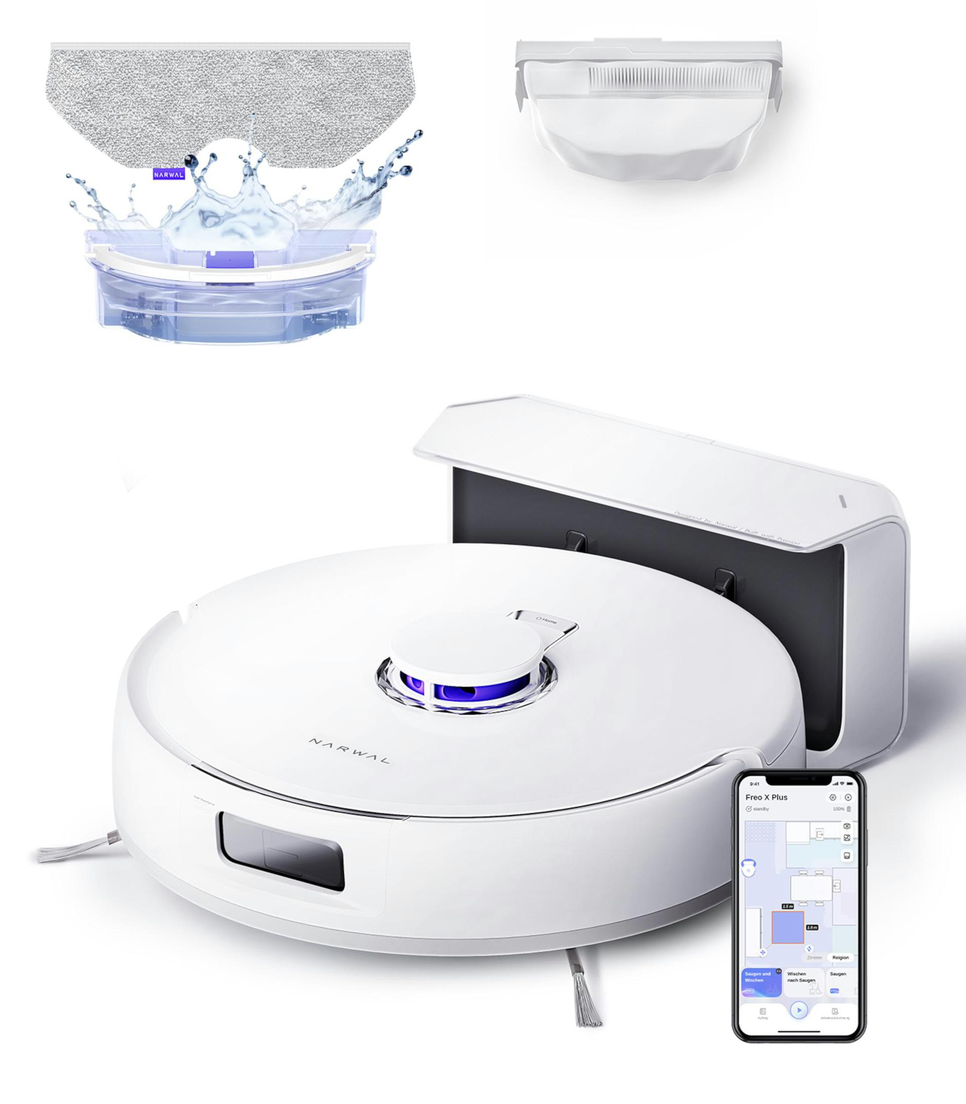 Aspirapolvere robot bianco con accessori e interfaccia app per smartphone.