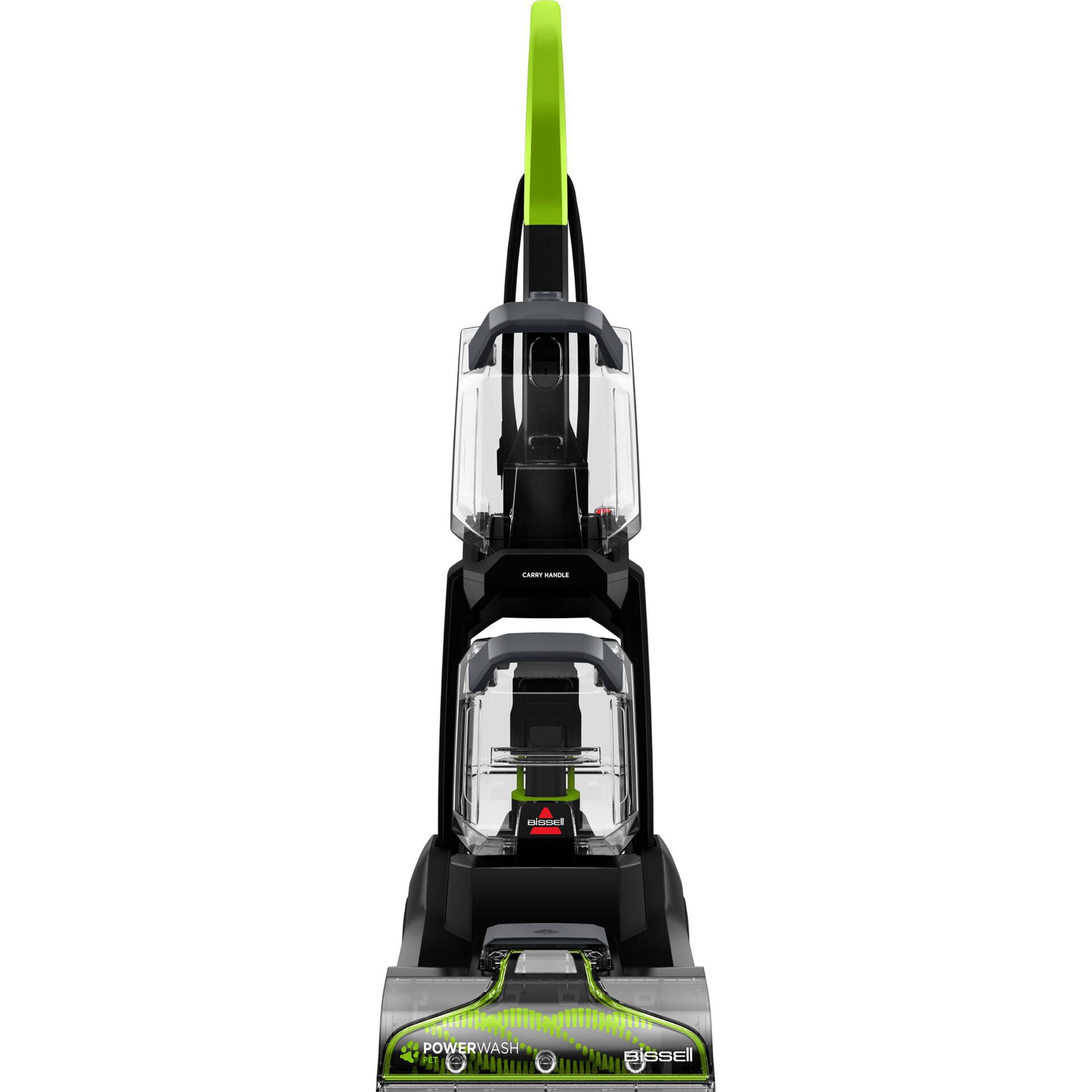Staubsauger mit grünem Griff und Bürste. Schwarze Basis und transparente Behälter. Grüne Details auf der Bürste.