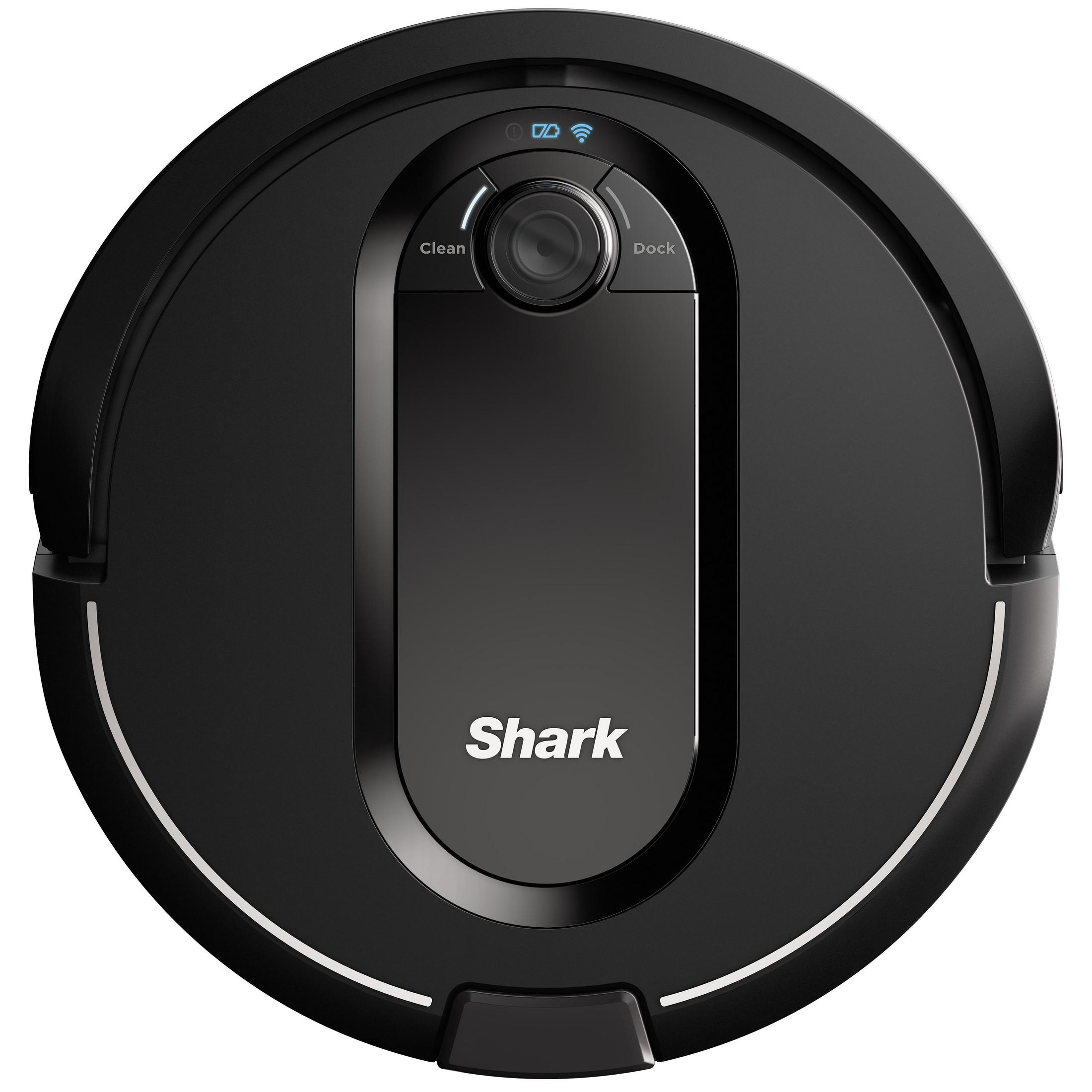 Schwarzer Shark Roboter-Staubsauger. Er hat ein zentrales Bedienfeld mit Reinigungs- und Docking-Tasten.