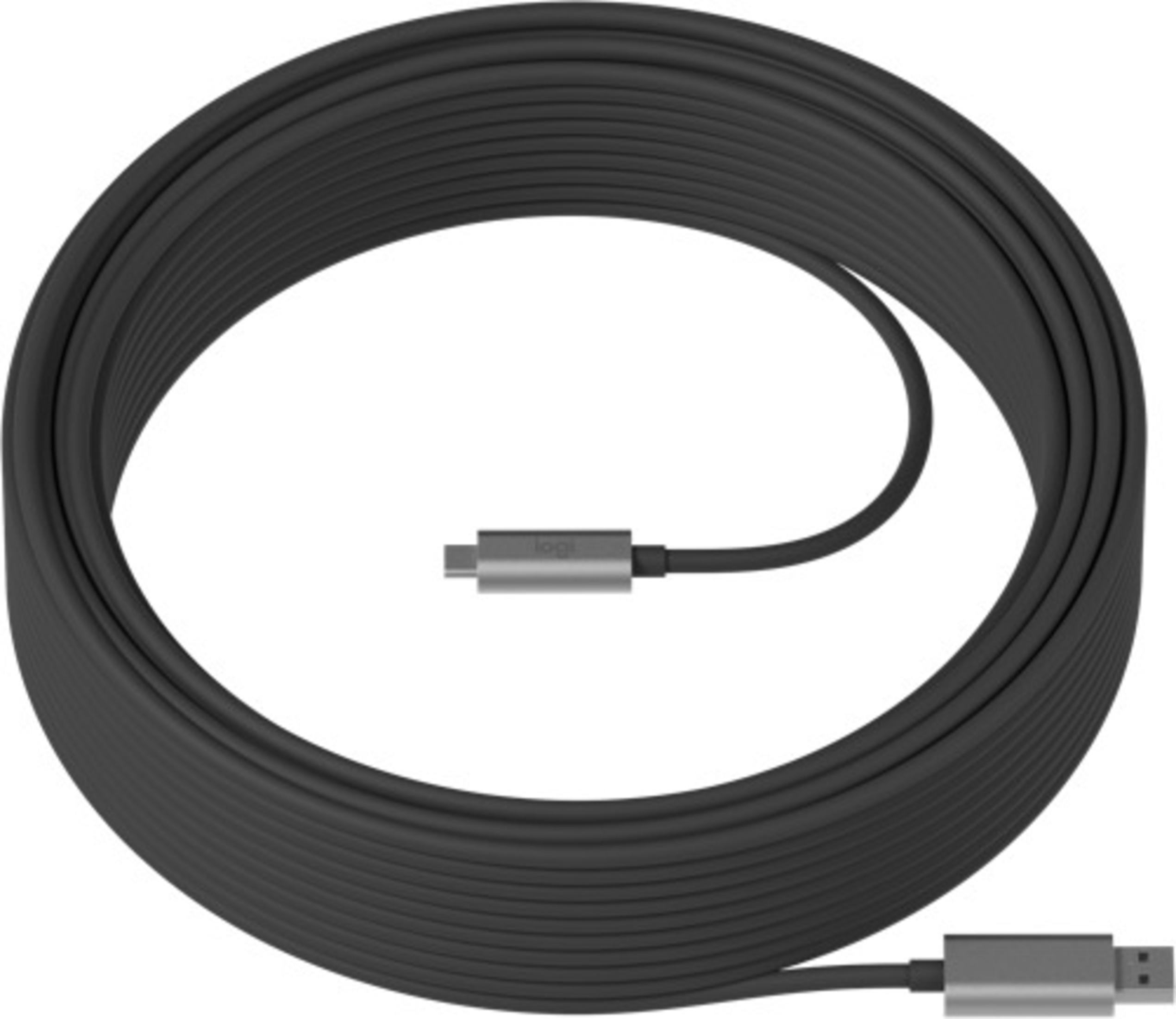 Czarny zwinięty kabel ze złączem USB-C i złączem USB. Białe tło.