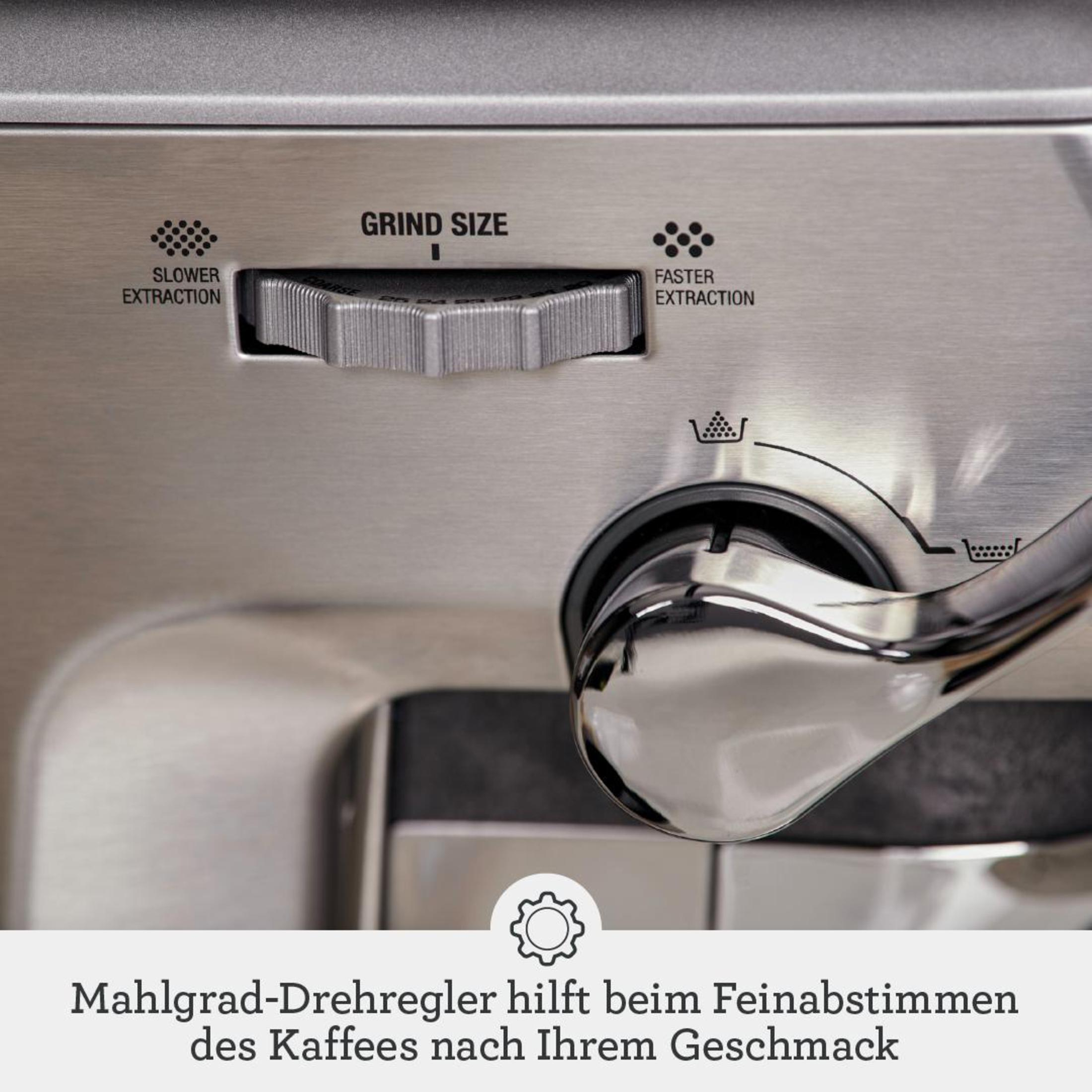 Nahaufnahme einer Kaffeemaschine mit Mahlgrad-Einstellrad. Text: Mahlgrad, langsamere/schnellere Extraktion.