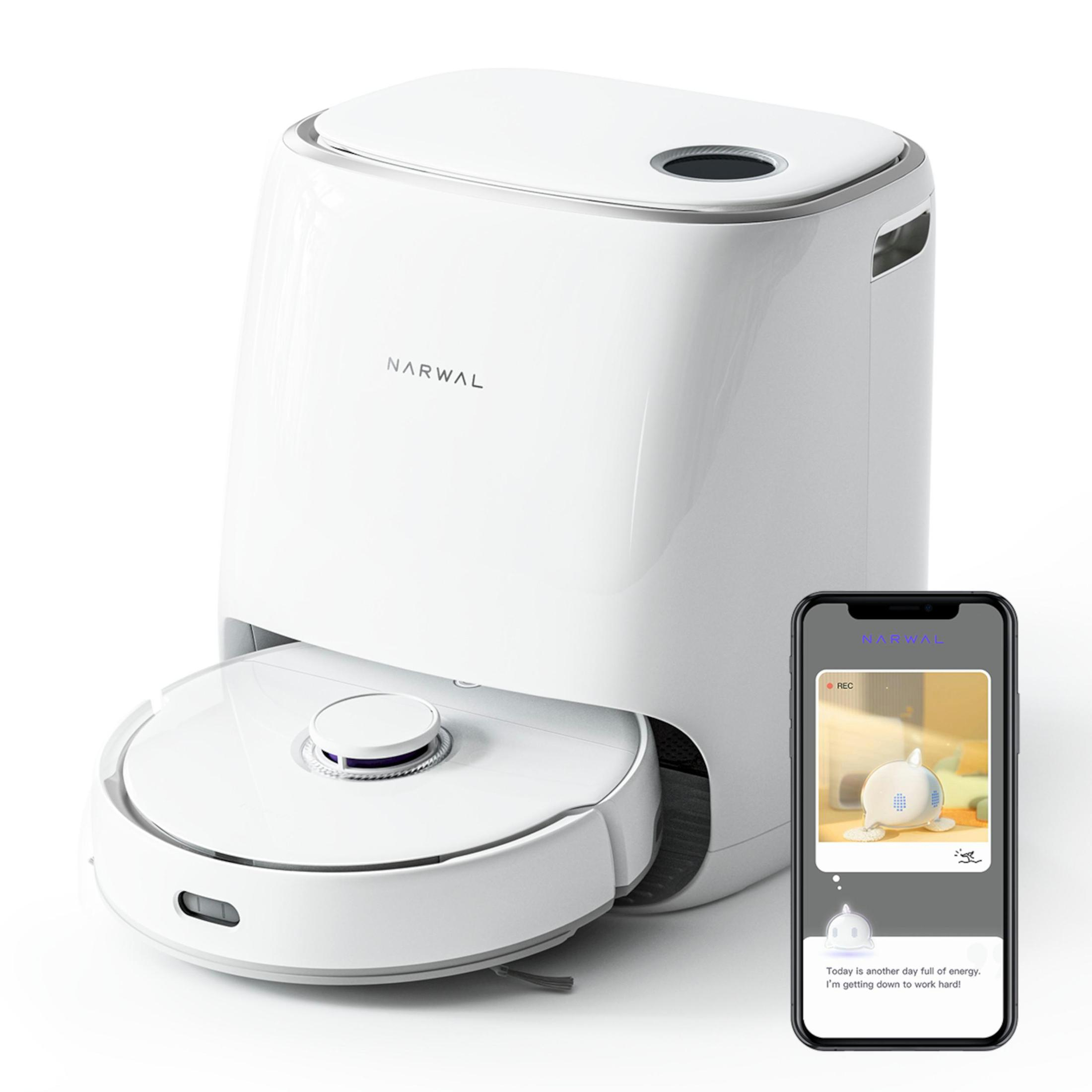 Weißer Roboter-Staubsauger mit Smartphone, das eine Reinigungs-App anzeigt. Weißer Hintergrund.