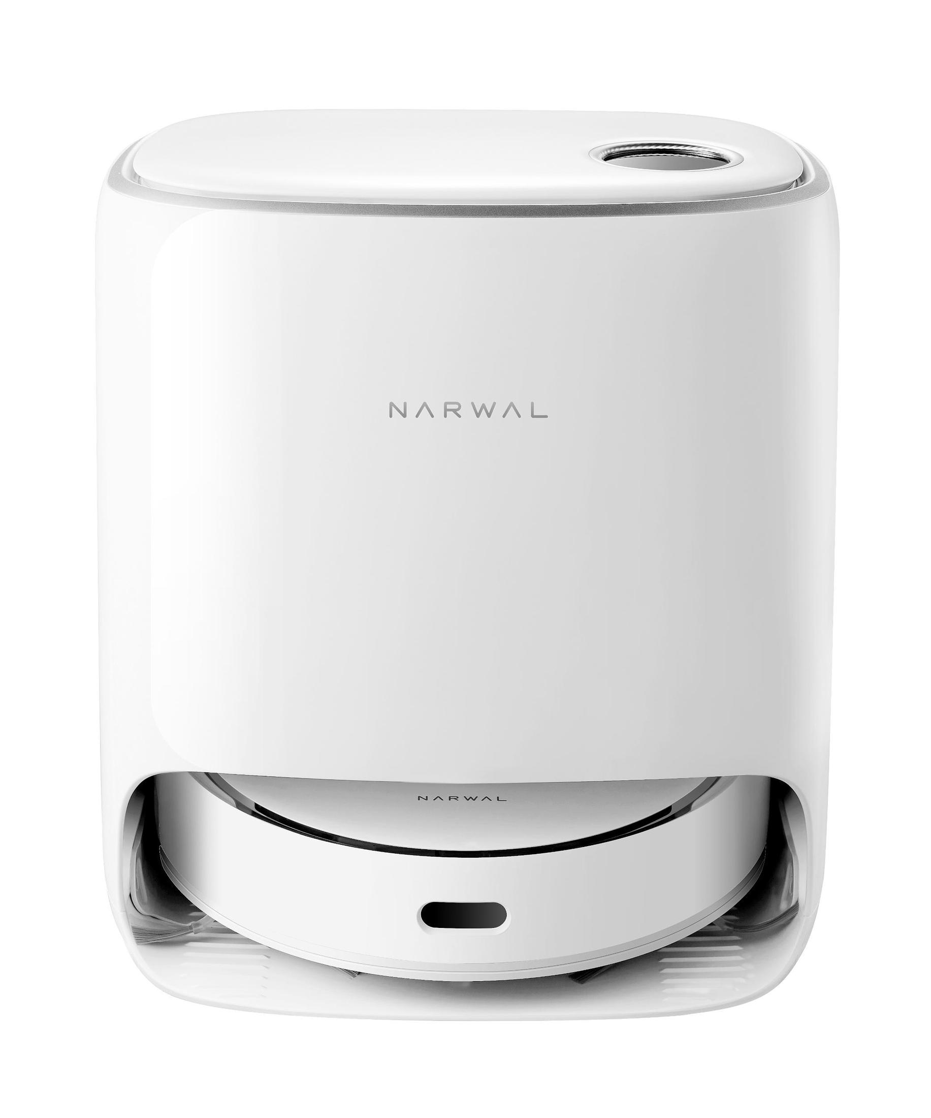 Ein weißer, rechteckiger Roboter-Staubsauger mit dem Markennamen "NARWAL" auf der Vorderseite.