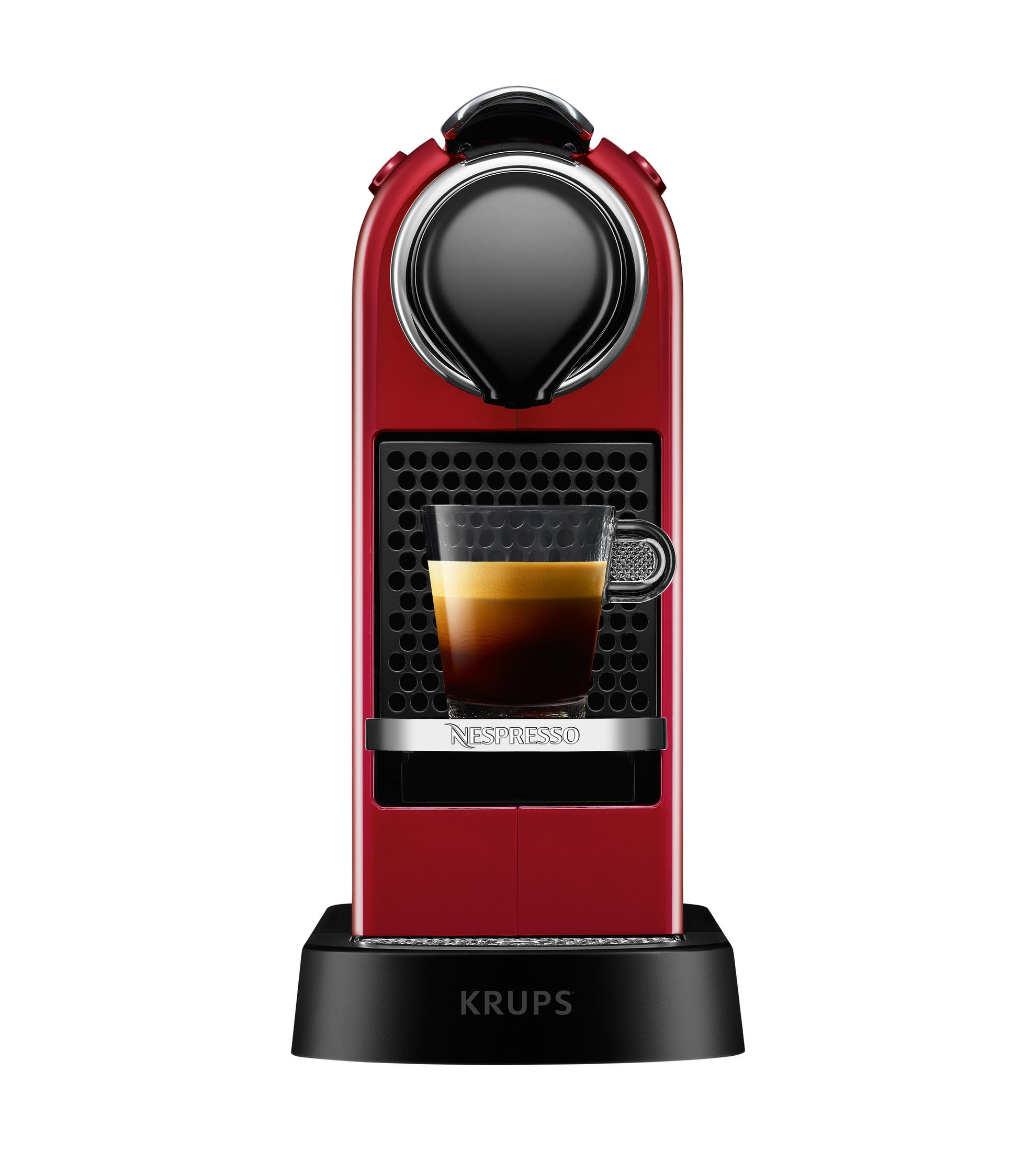 Czerwony ekspres do espresso ze szklanką espresso.