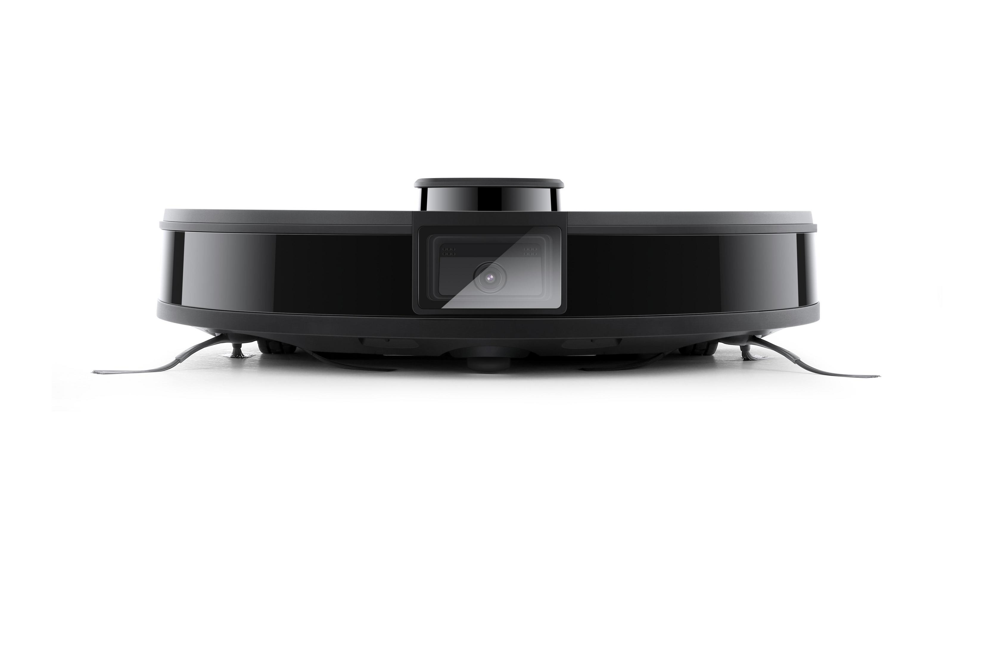 Ein schwarzer, runder Roboter-Staubsauger auf weißem Hintergrund.