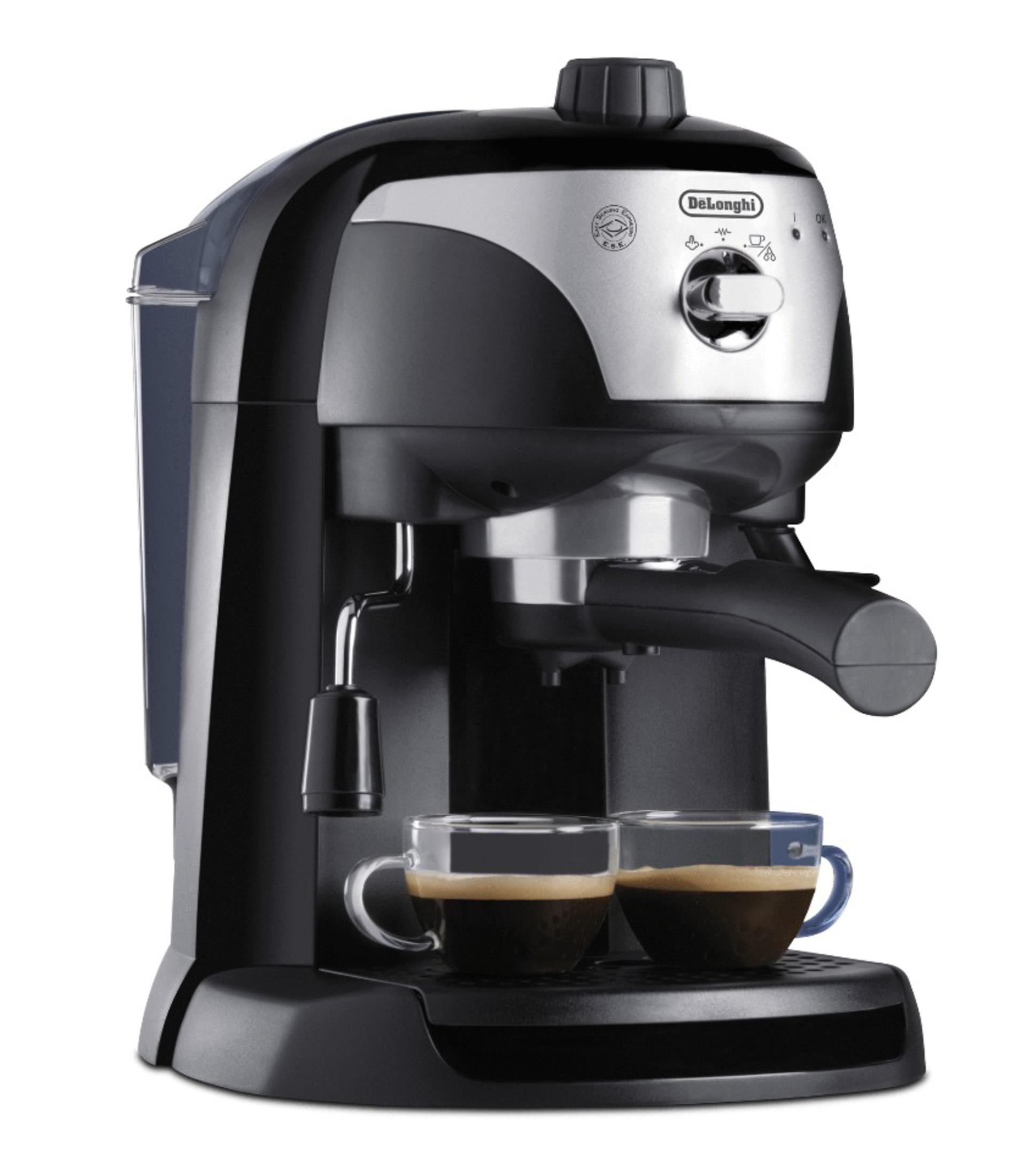 Czarny i srebrny ekspres do kawy DeLonghi z dwoma filiżankami.