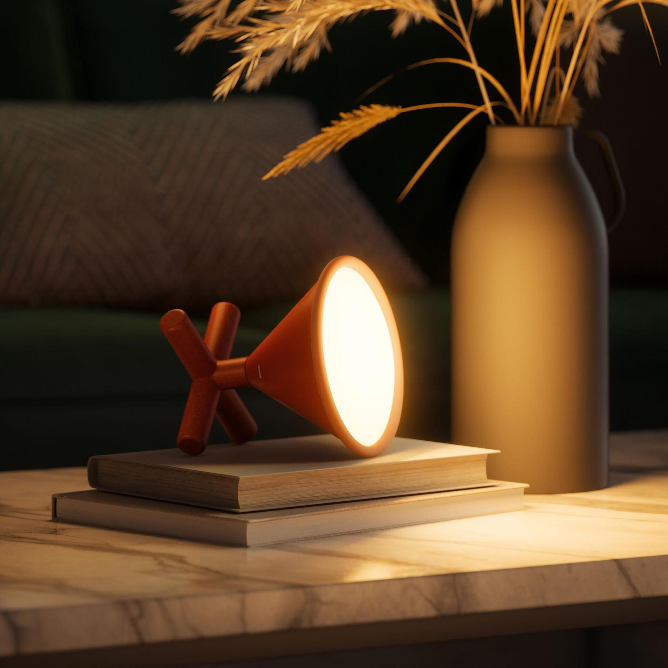 Una lampada arancione su libri, con un vaso di erba della pampa accanto, su un tavolo di marmo.