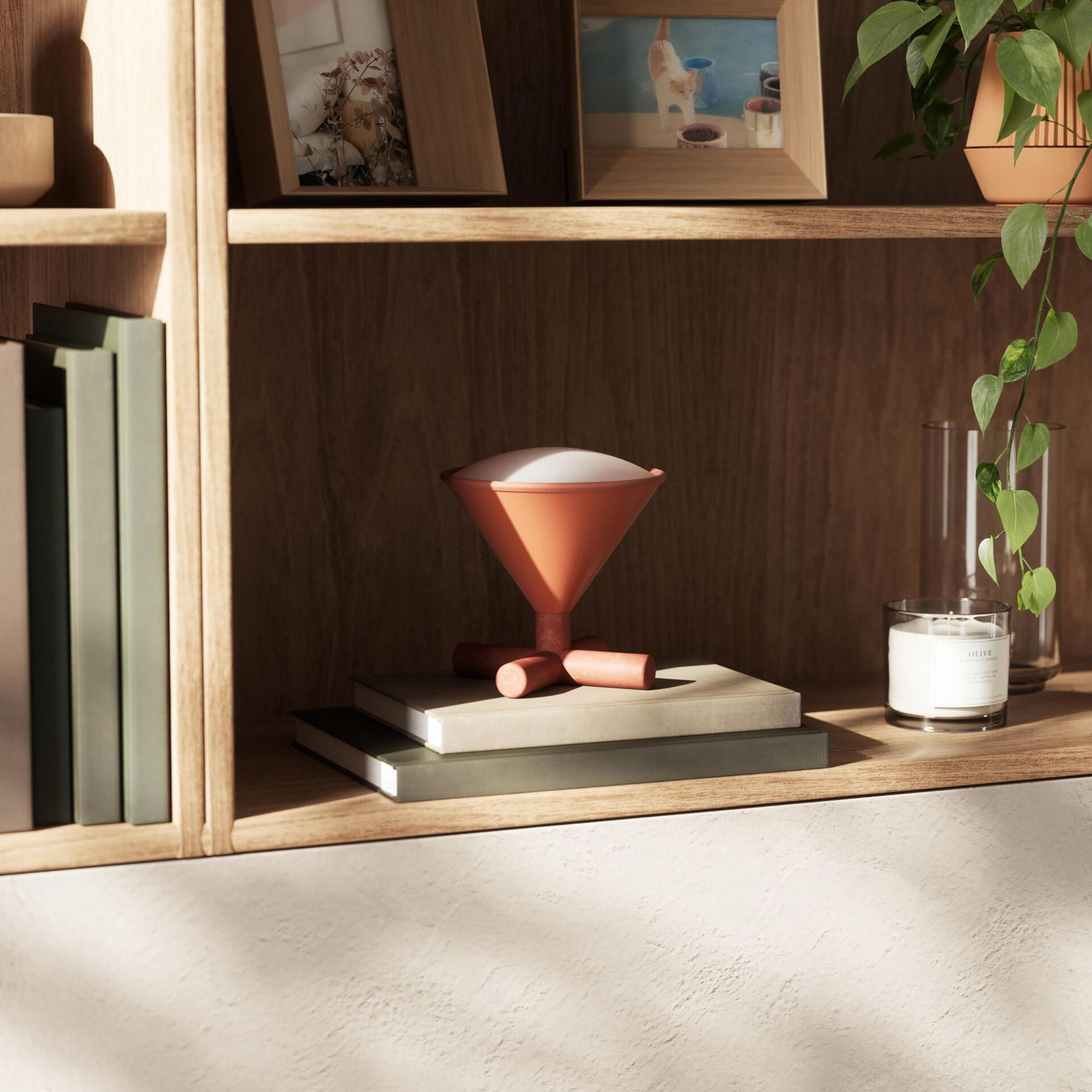 Scaffale in legno con libri, un oggetto decorativo e una candela. Lo sfondo è un muro.