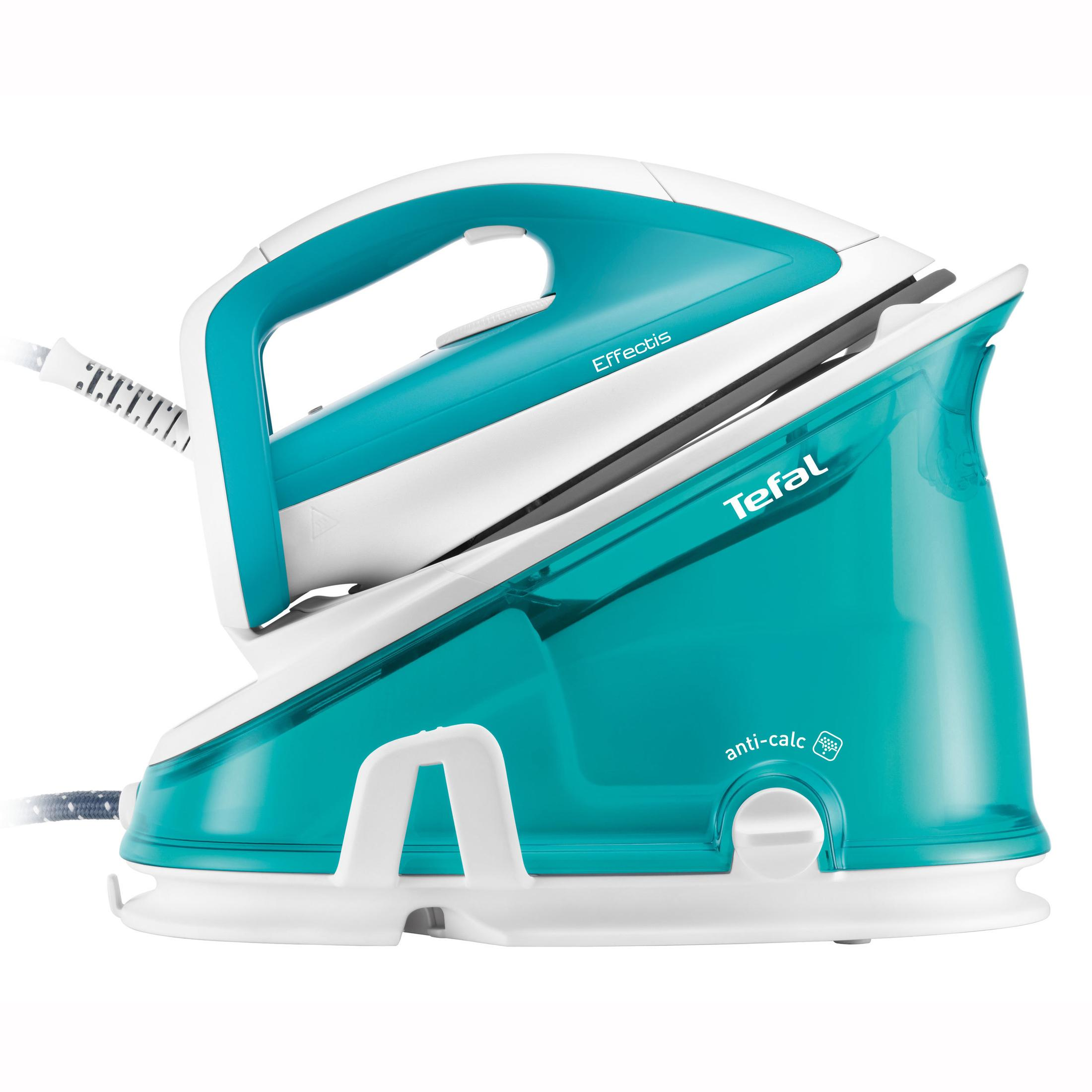 Türkis-weißes Tefal-Bügeleisen, schräge Ansicht, mit Kabel und Basis. Weiße Halterung.