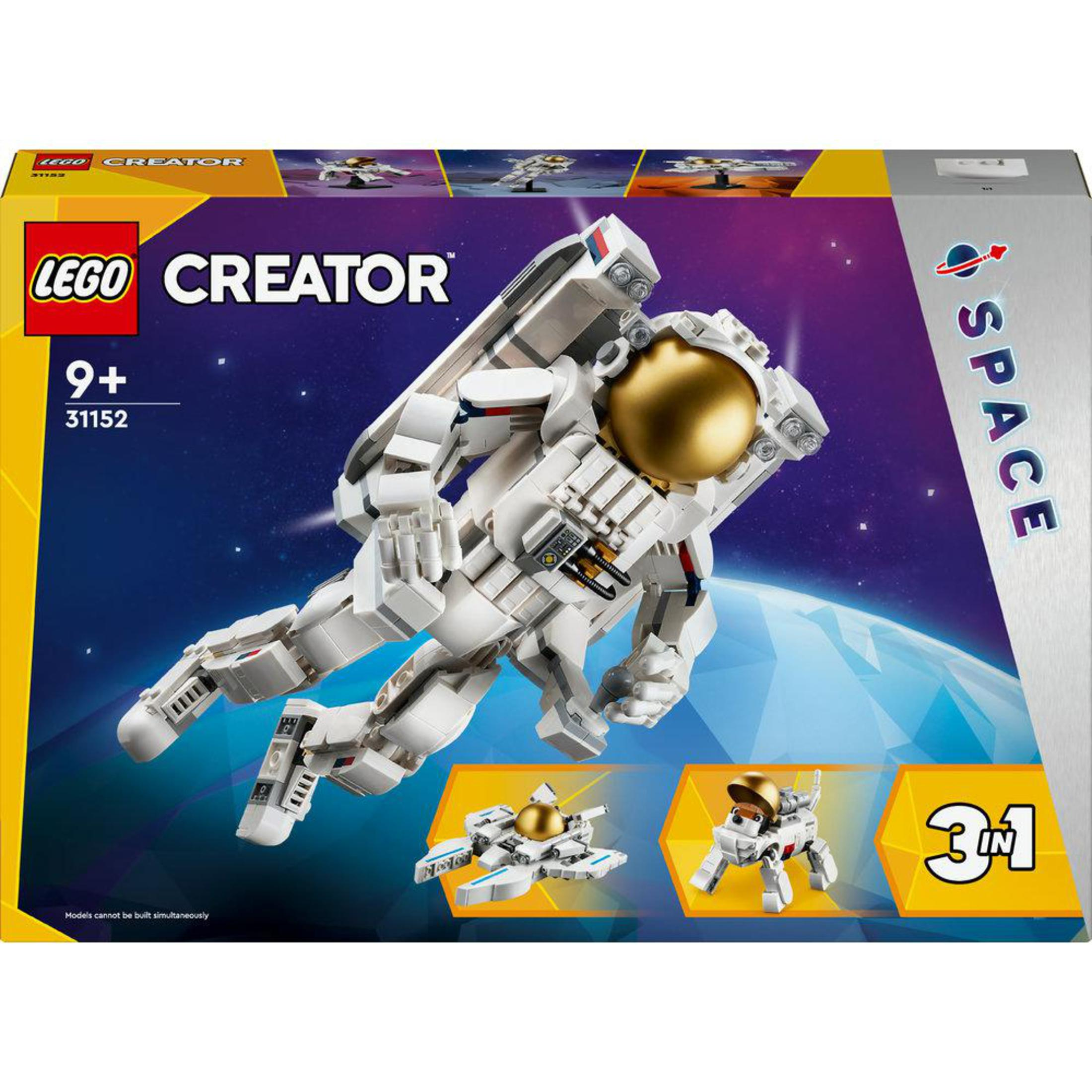 Pudełko LEGO Creator z kosmicznym astronautą i statkiem kosmicznym na białym tle.