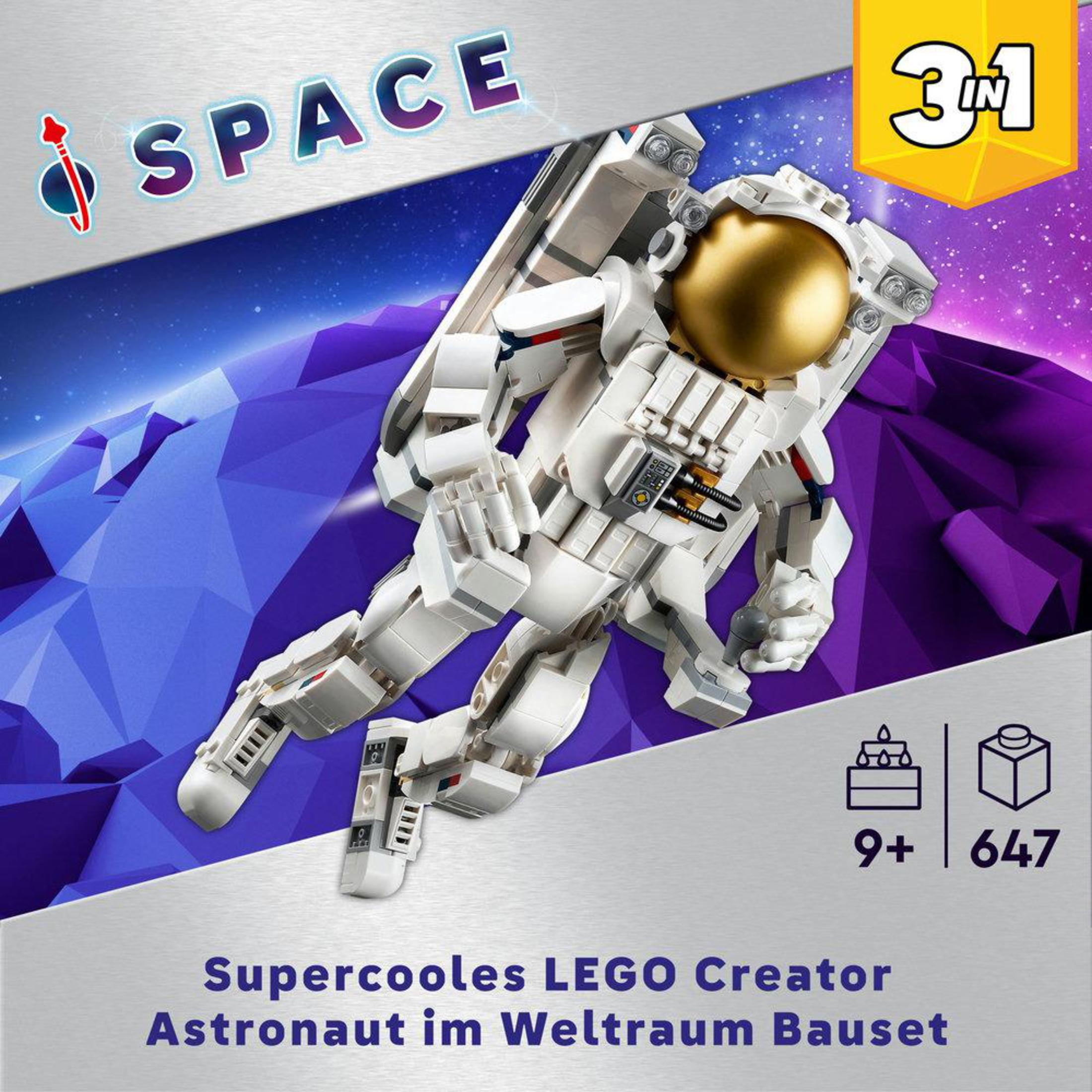 Astronaut LEGO Creator w skafandrze kosmicznym, na fioletowo-niebieskim tle z tekstem i logo.