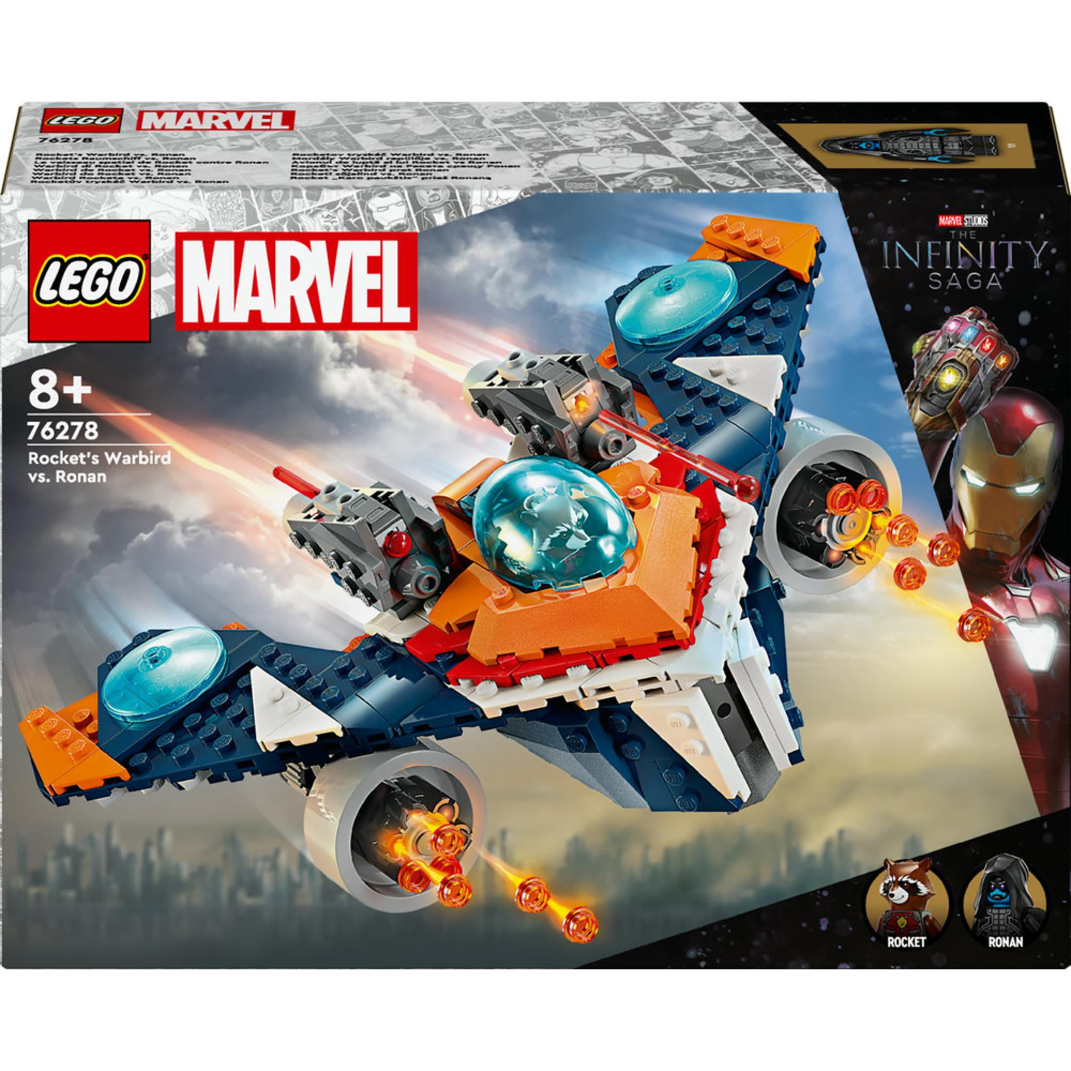 Bir uzay gemisiyle Lego seti kutusu. Rocket's Warbird vs. Ronan. Marvel teması. Mavi, turuncu ve gri bir uzay gemisi içerir.