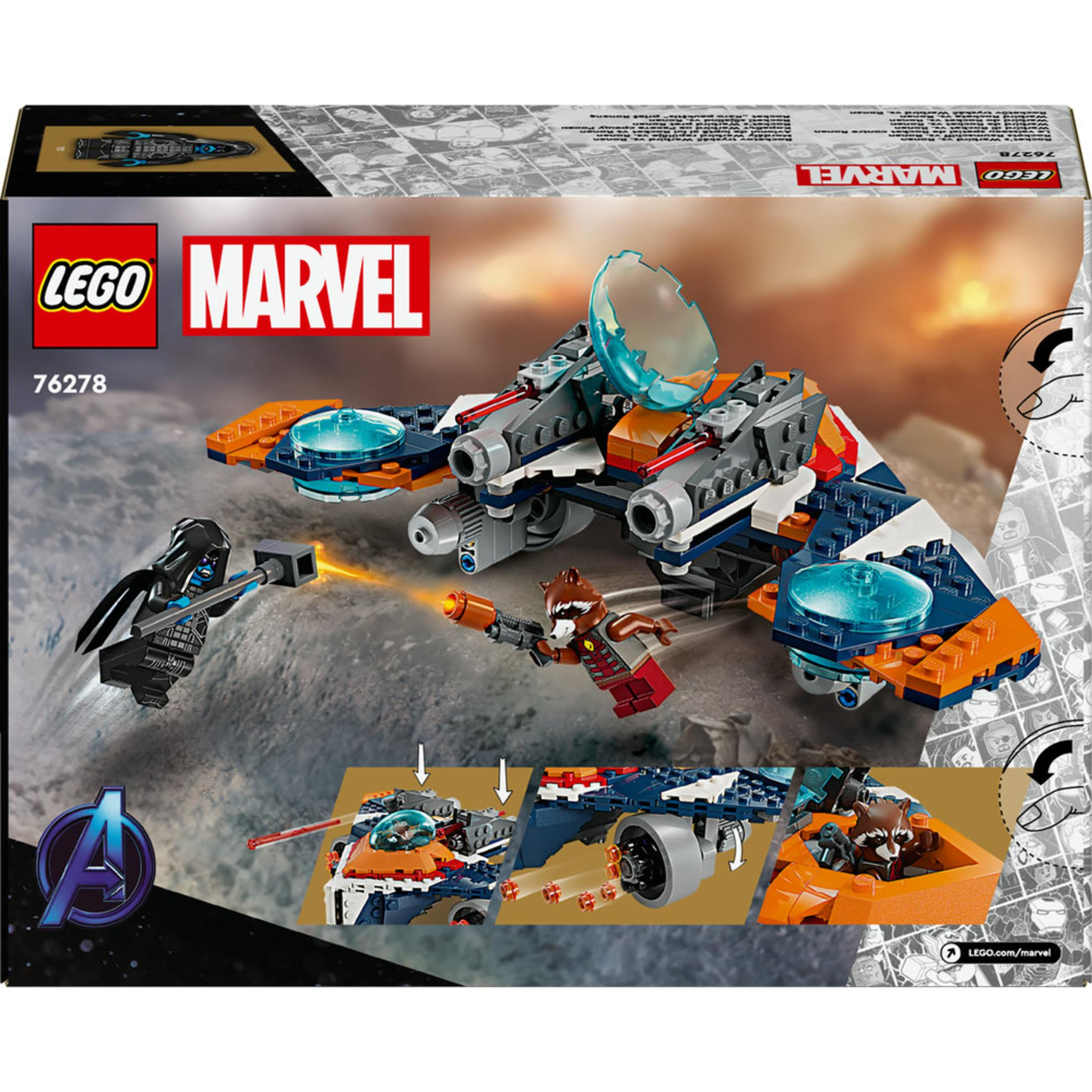 Lego set kutusu. Marvel Avengers teması, uzay gemisi, Rocket ve Thanos figürleri.