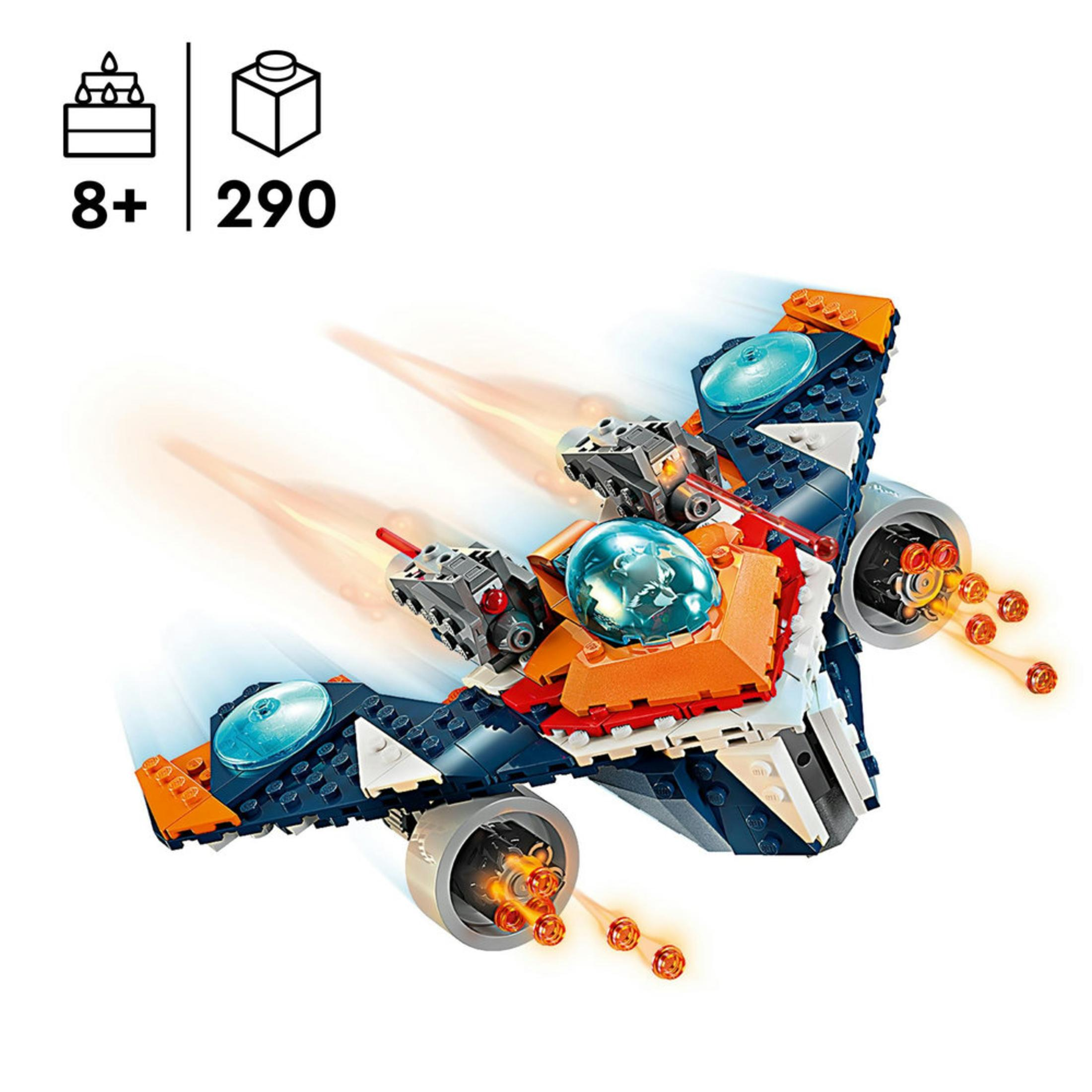 Ateş eden bir Lego uzay gemisi oyuncağı. Uzay gemisi mavi, turuncu ve beyazdır.