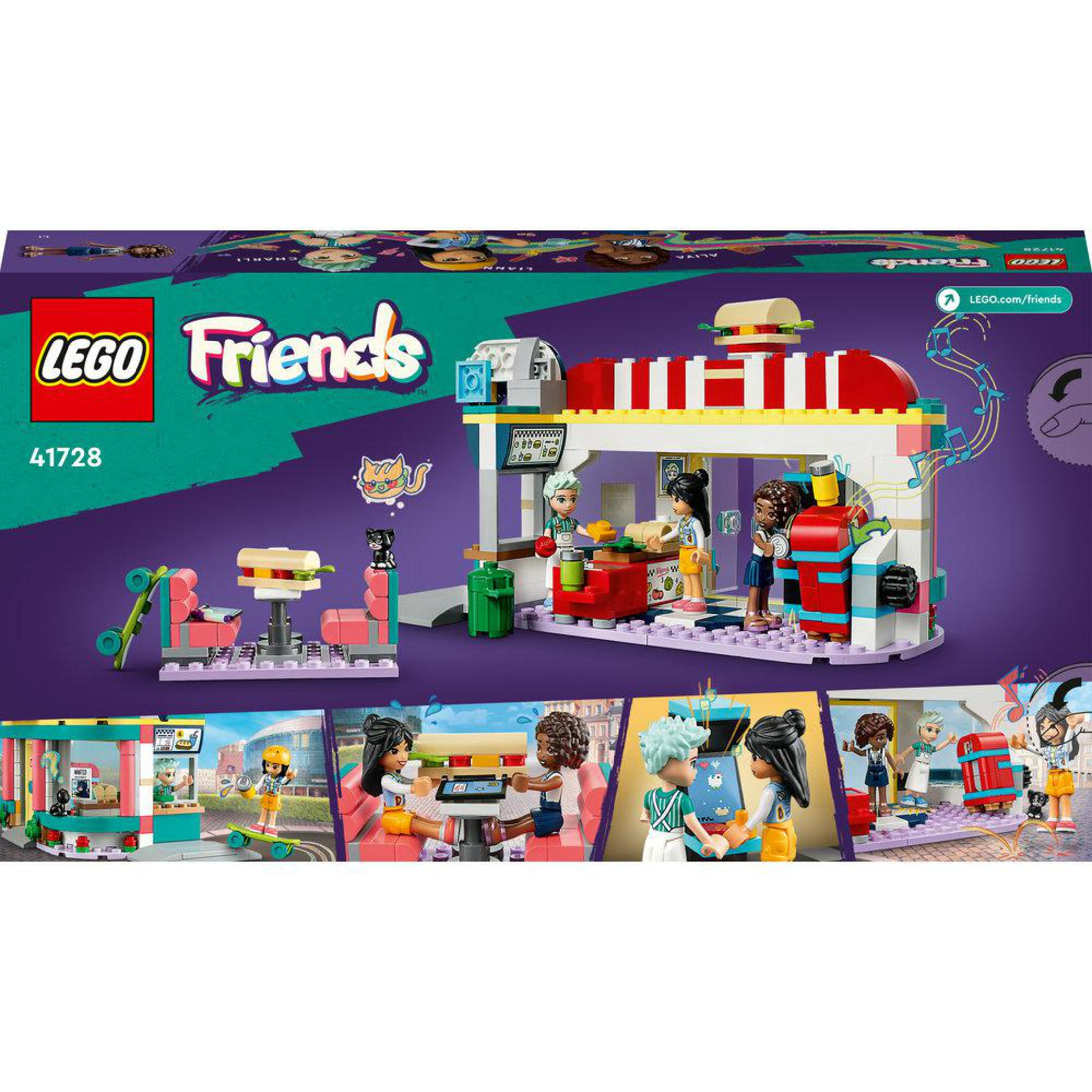 LEGO Friends-Set zeigt eine Restaurantszene mit Figuren, Essen und Bausteinen. Helle Farben werden verwendet.