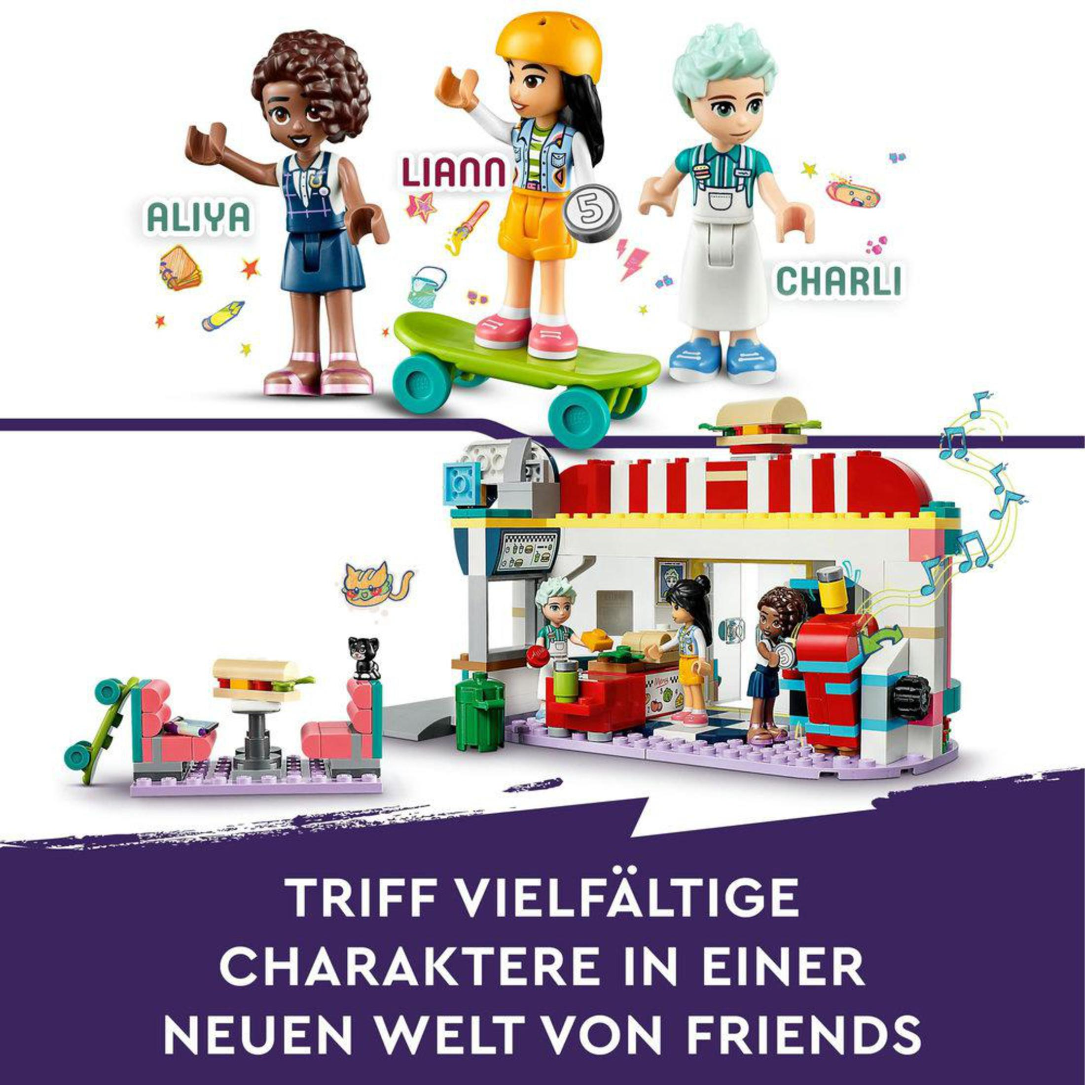 LEGO Friends Set mit Charakteren und einer Laden-Szene. Charaktere sind Aliya, Liann und Charli.