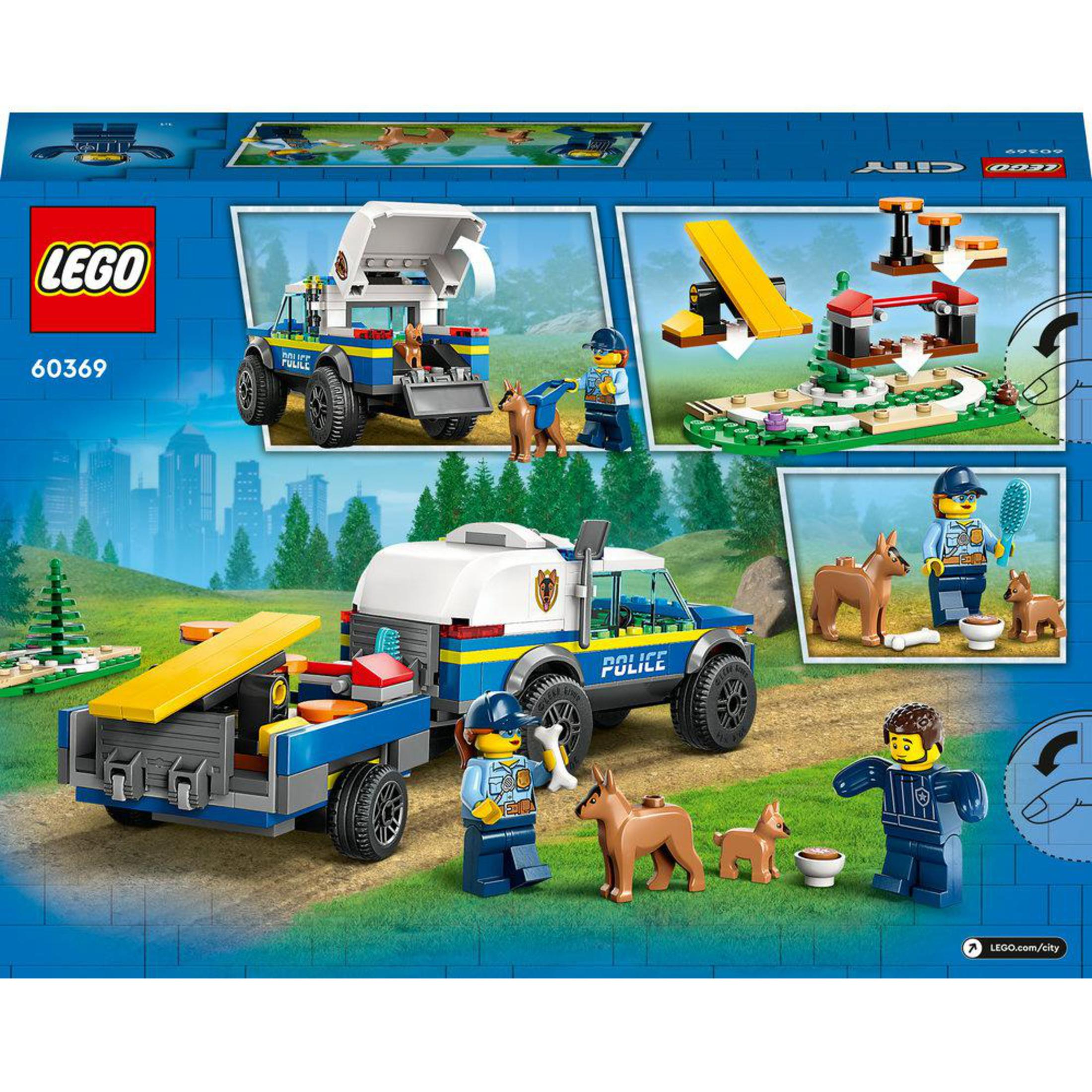 Lego City polis kamyonu oyuncak seti. Kamyonun bir römorku var. İki figür köpeklerle etkileşim halinde.