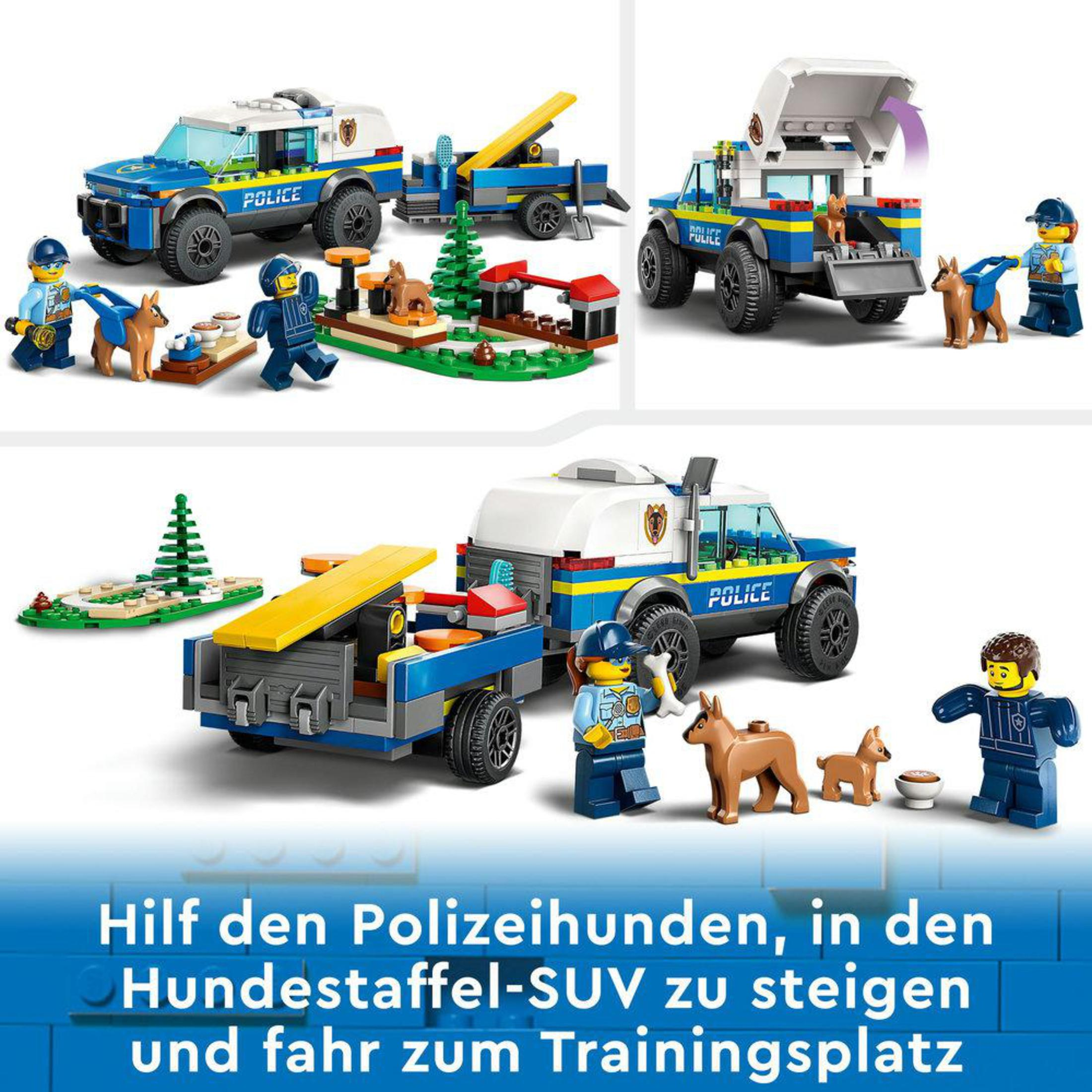 Polis araçları, köpekler ve minyatür figürlerle Lego polis seti, eğlenceli bir sahnede.