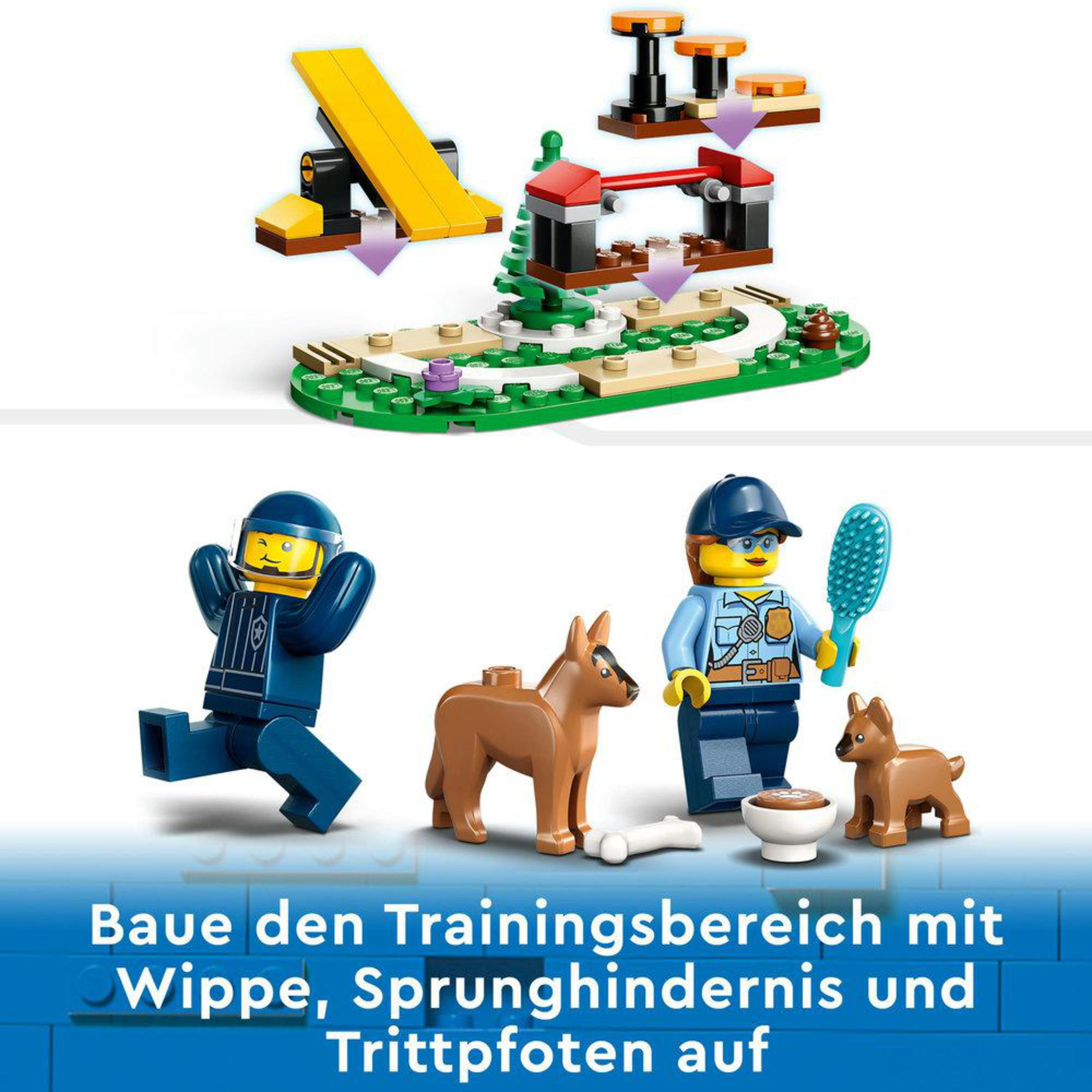 Köpek figürleri, fırçalı bir kişi ve bir köpek çeviklik parkuru ile Lego oyun seti.