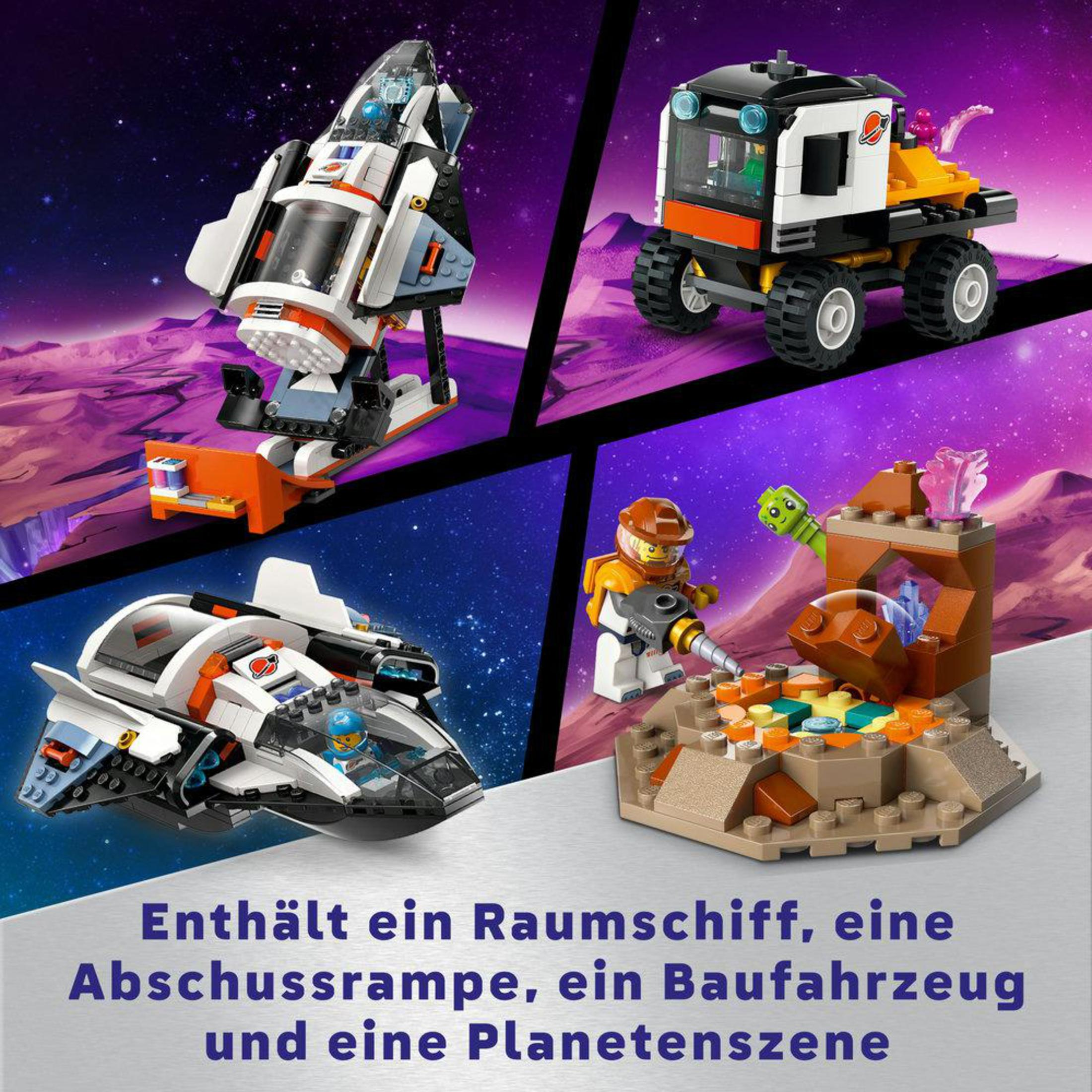 LEGO-Set mit Raumschiff, Startrampe, Fahrzeug und Planetenszene.