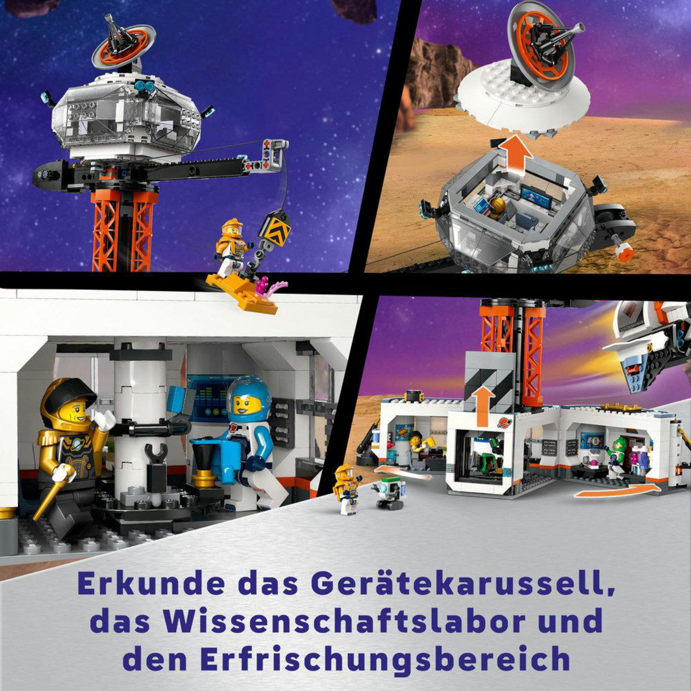 Lego-Set mit Raumstation, Astronauten und Text auf Deutsch.