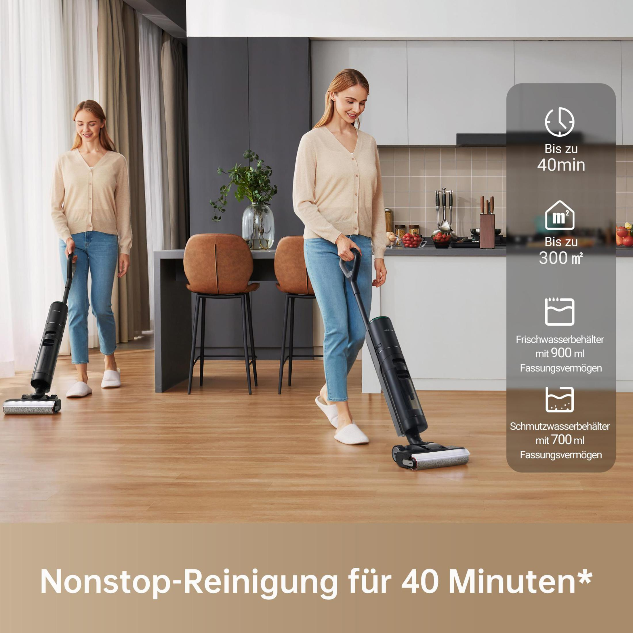 Kobiety sprzątają czarnym odkurzaczem w nowoczesnej kuchni. Tekst i grafika.