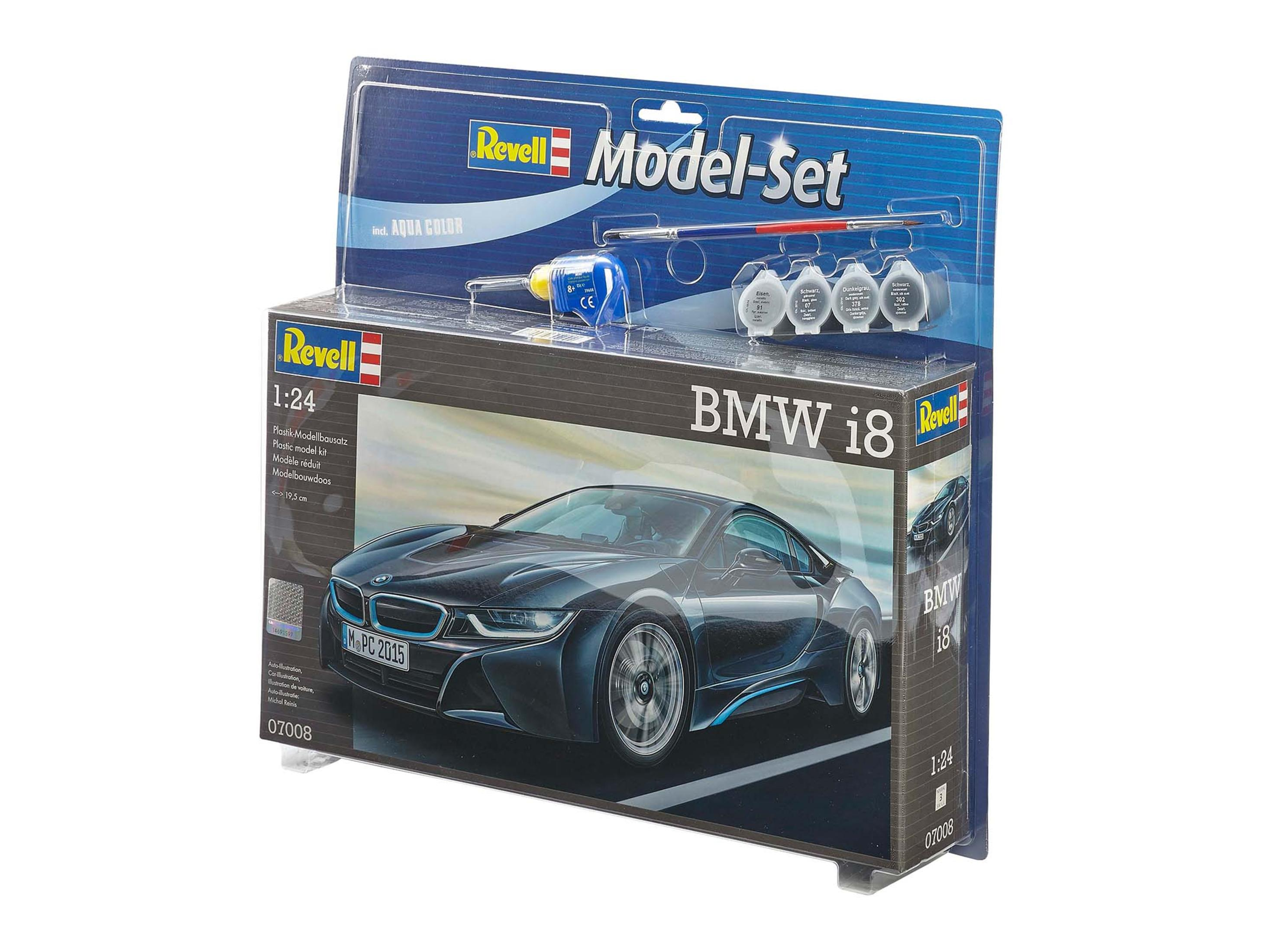 Een modelbouwkit van een BMW i8. Inclusief verven, kwast en instructies.
