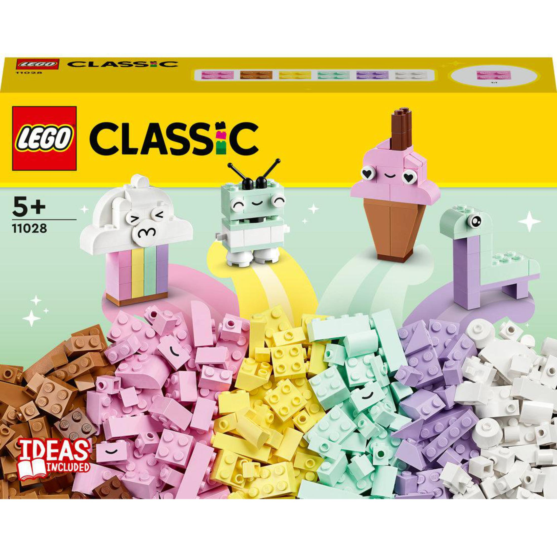 Lego Classic seti. Renkli tuğlalar ve modeller içerir: gökkuşağı ile bulut, robot, dondurma ve bir dinozor.