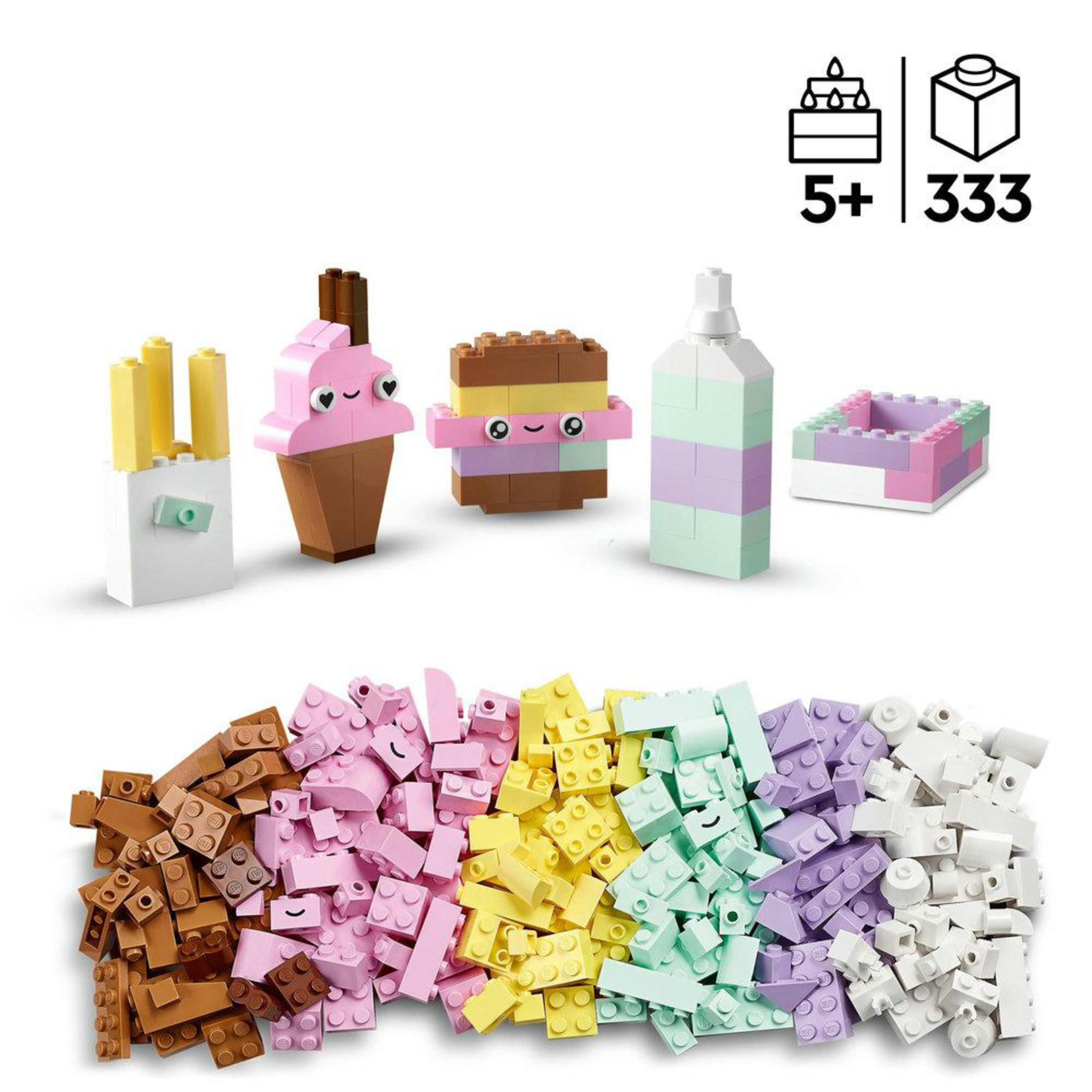 Lego set parçaları: patates kızartması, dondurma, sandviç, içecek ve bir kutu, farklı renklerde.