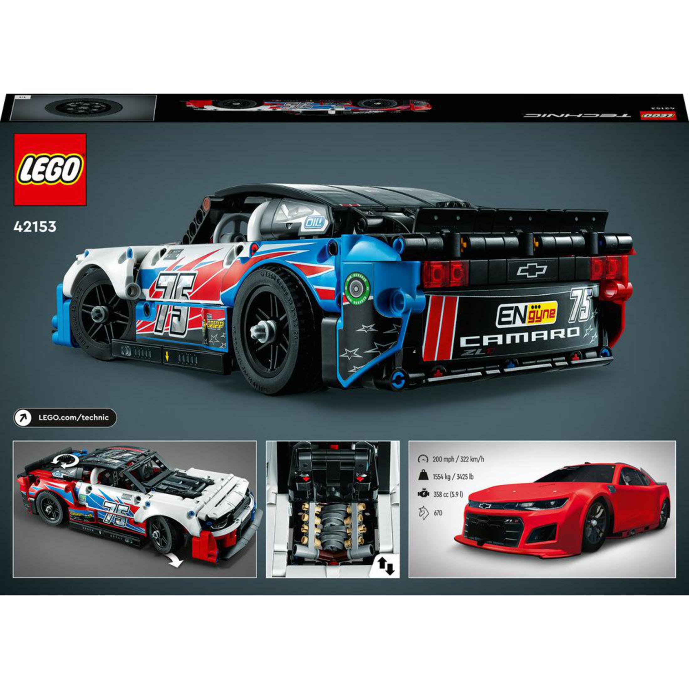Een LEGO Technic Camaro set doos en modelauto afbeeldingen, met een rode Camaro en motordetails.