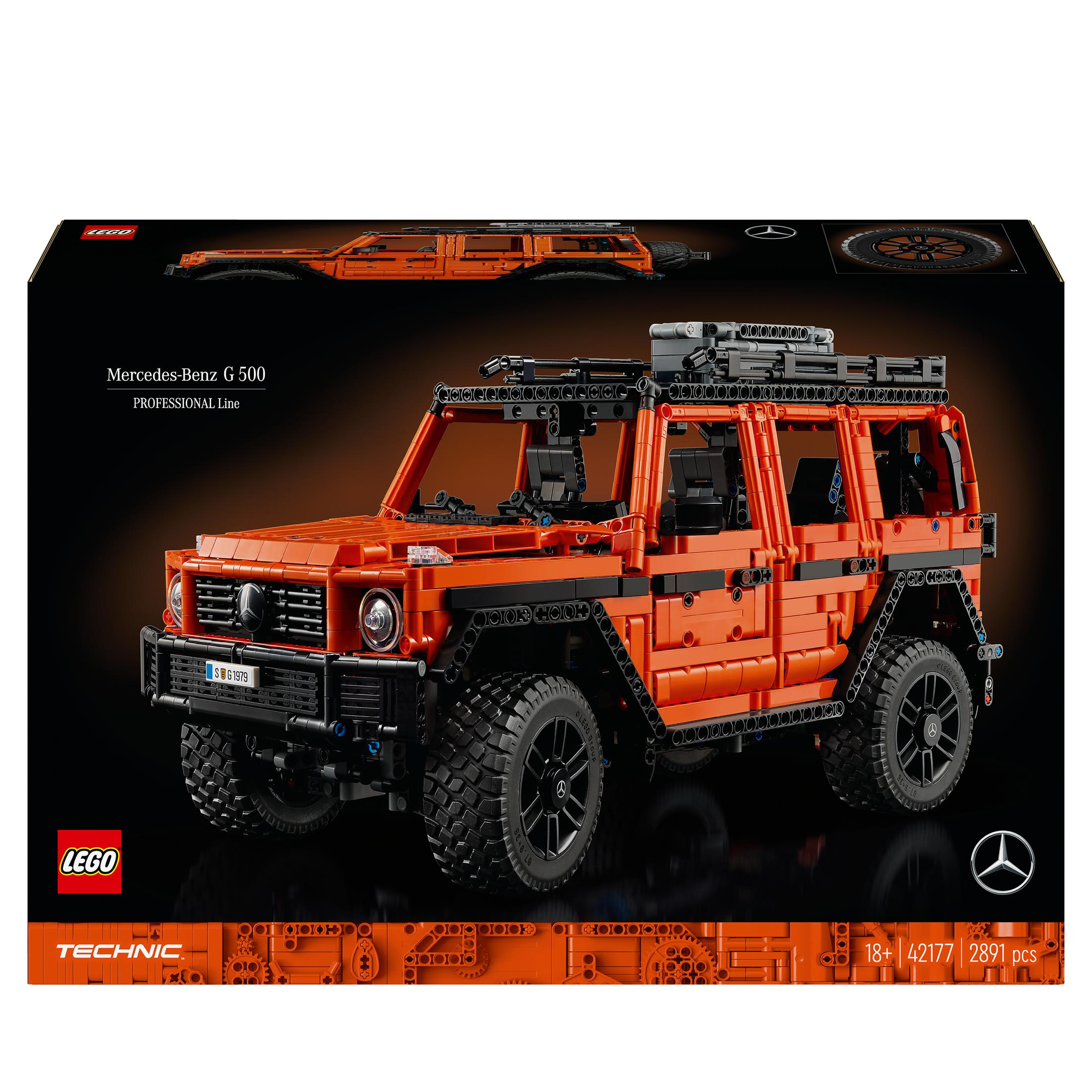 Pomarańczowy model Lego Mercedes-Benz G 500. Czarne tło pudełka.