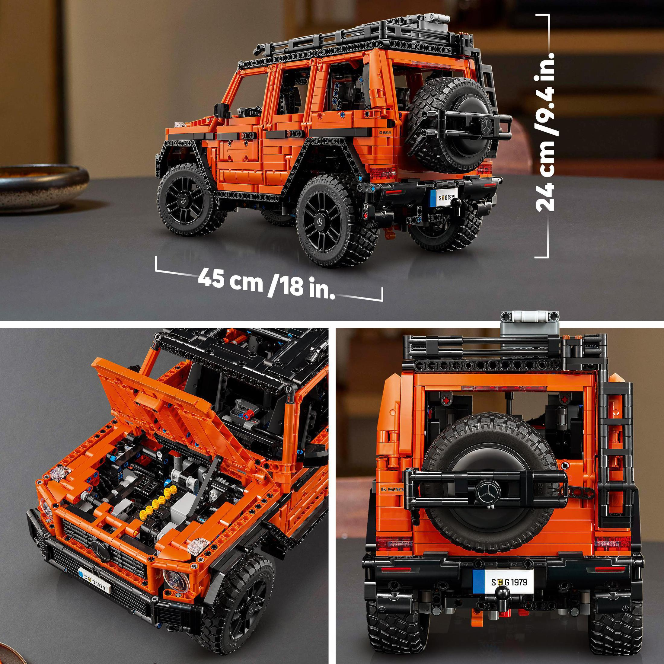Model Lego pomarańczowego SUV-a, różne kąty pokazujące szczegóły i wymiary.