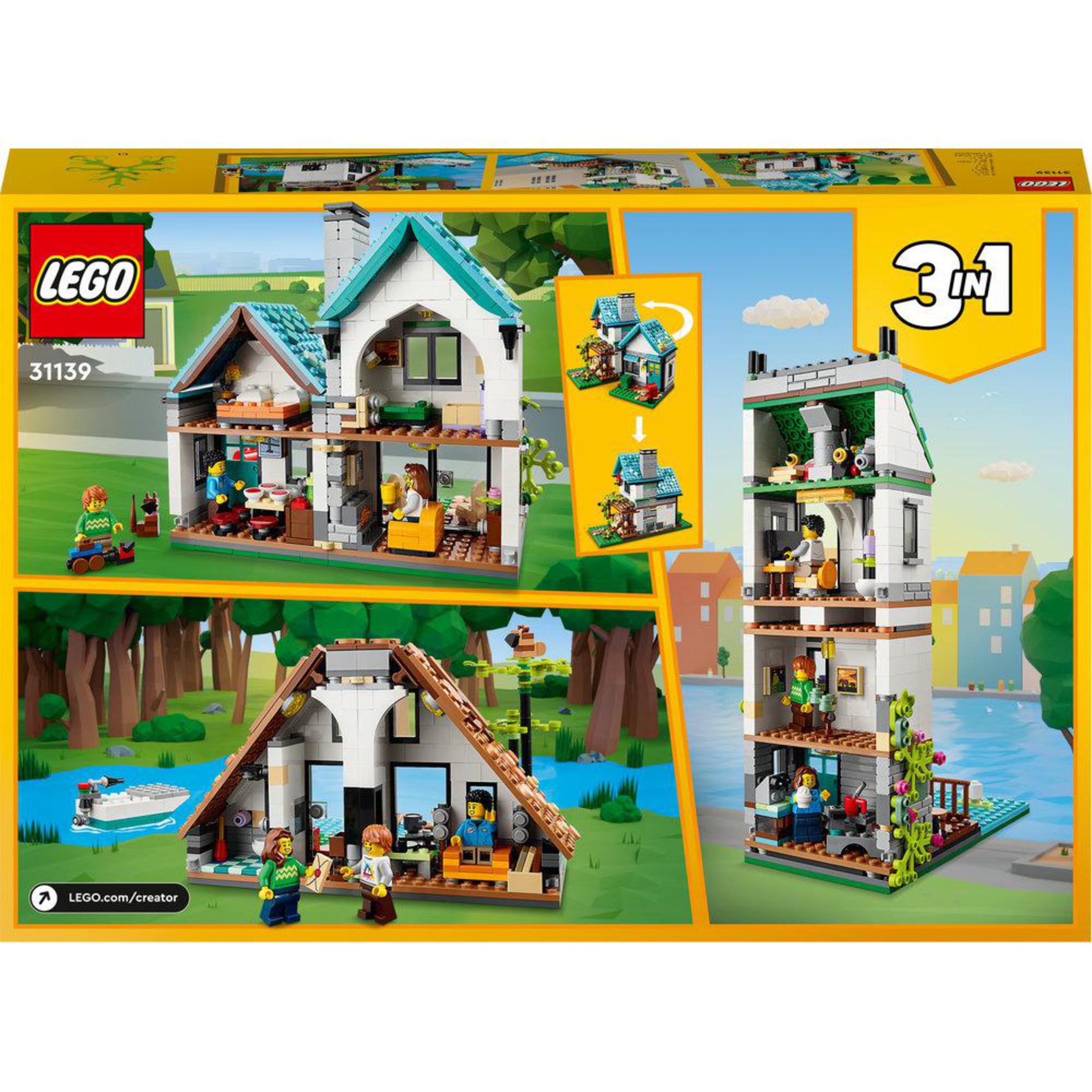 Scatola del set LEGO Creator che mostra la casa e altre costruzioni.
