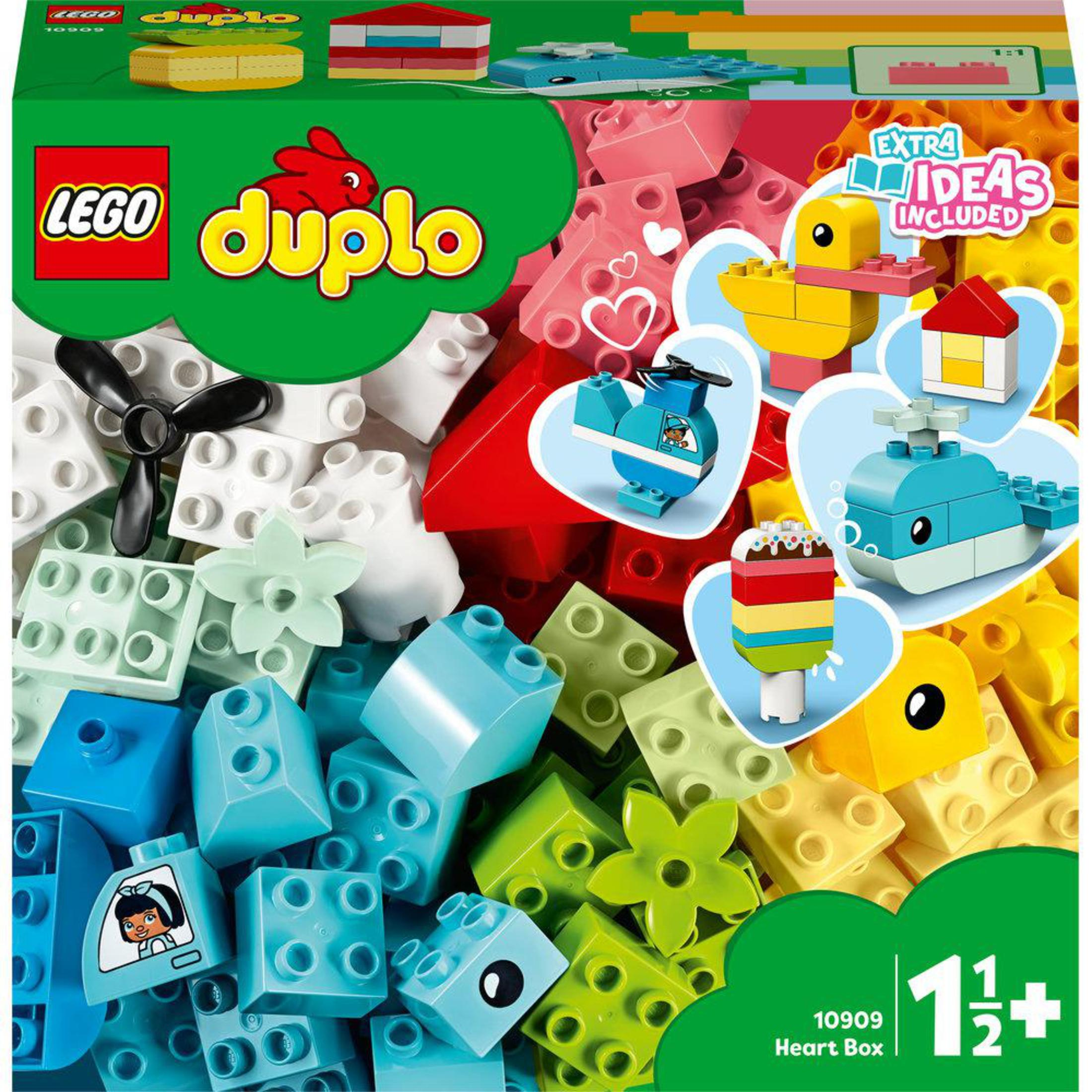 Scatola del set Lego Duplo con blocchi colorati e figure di un'anatra, una casa e altri oggetti.