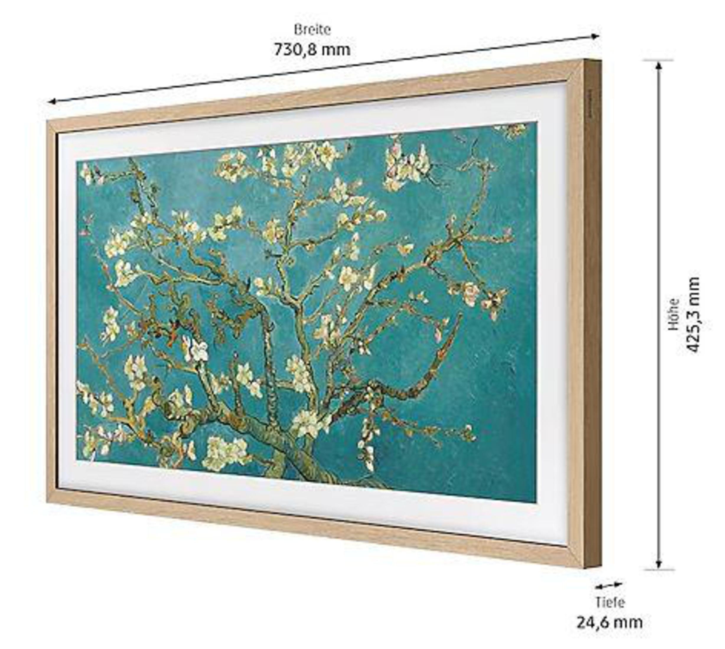 Kunstwerk in Holzrahmen, zeigt Baum mit weißen Blüten auf türkisem Grund.
