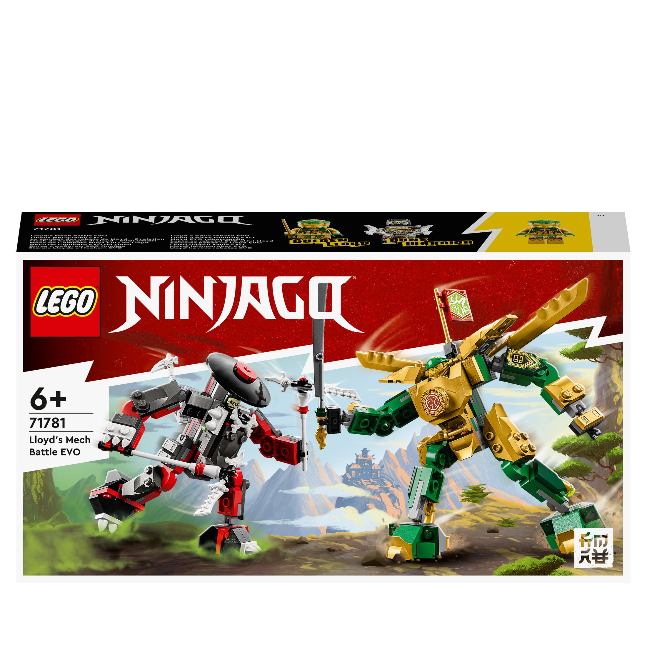 Scatola del set Lego Ninjago, con due personaggi Lego in una scena di battaglia.