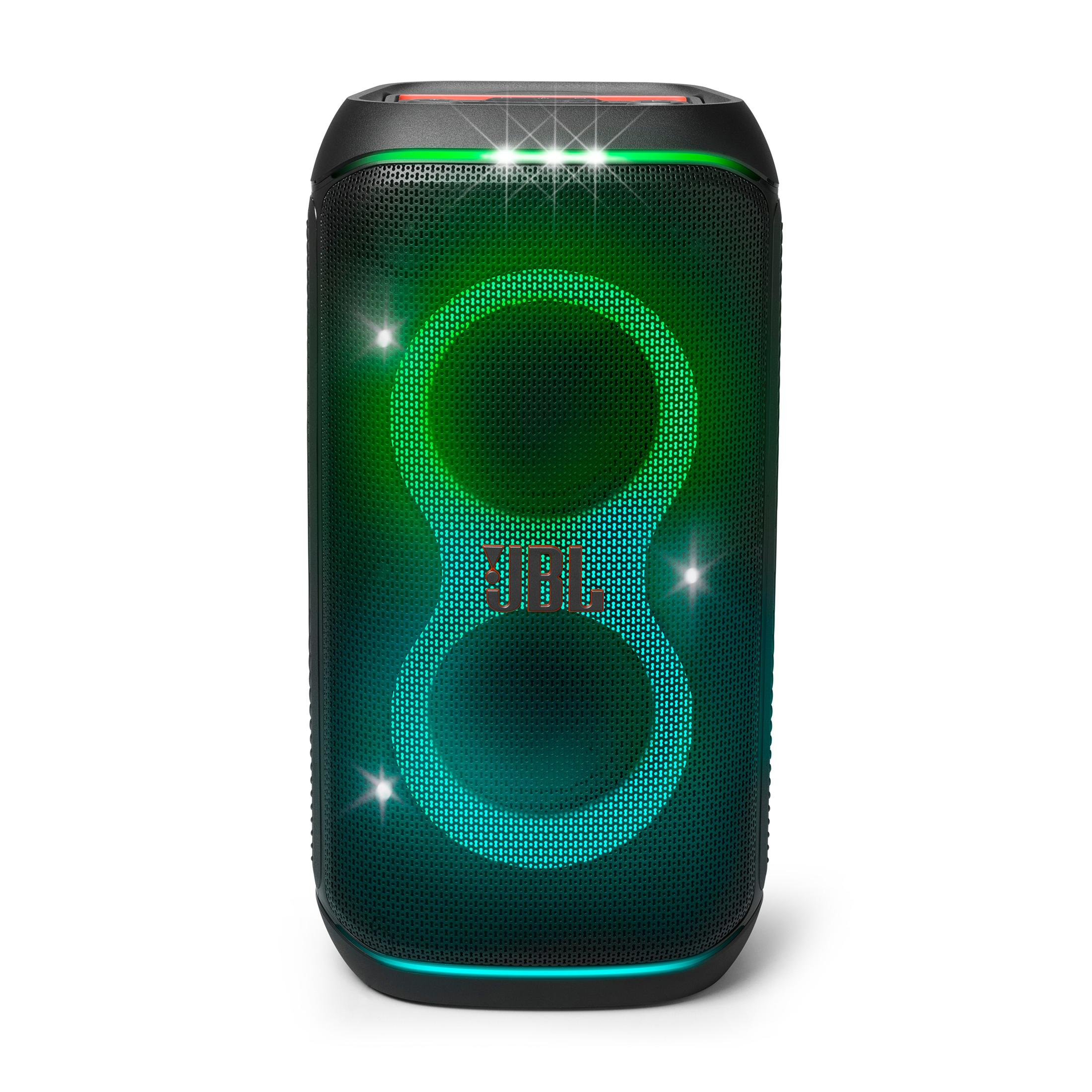 Schwarz-grüner JBL-Lautsprecher, leuchtend. Weißer Hintergrund.